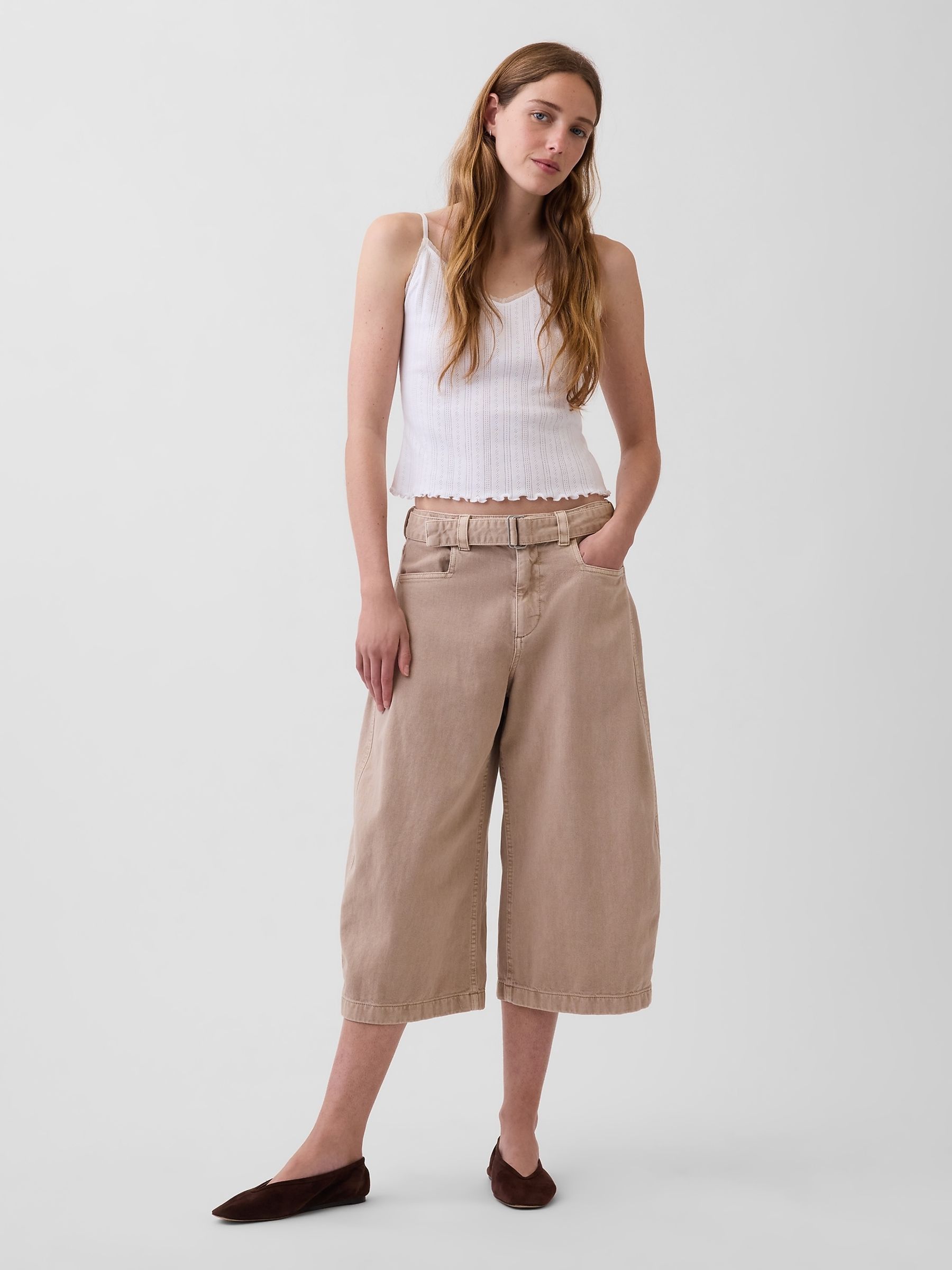 Beige Mid Rise Belted Culotte Barrel Trousers - Image 4 of 5