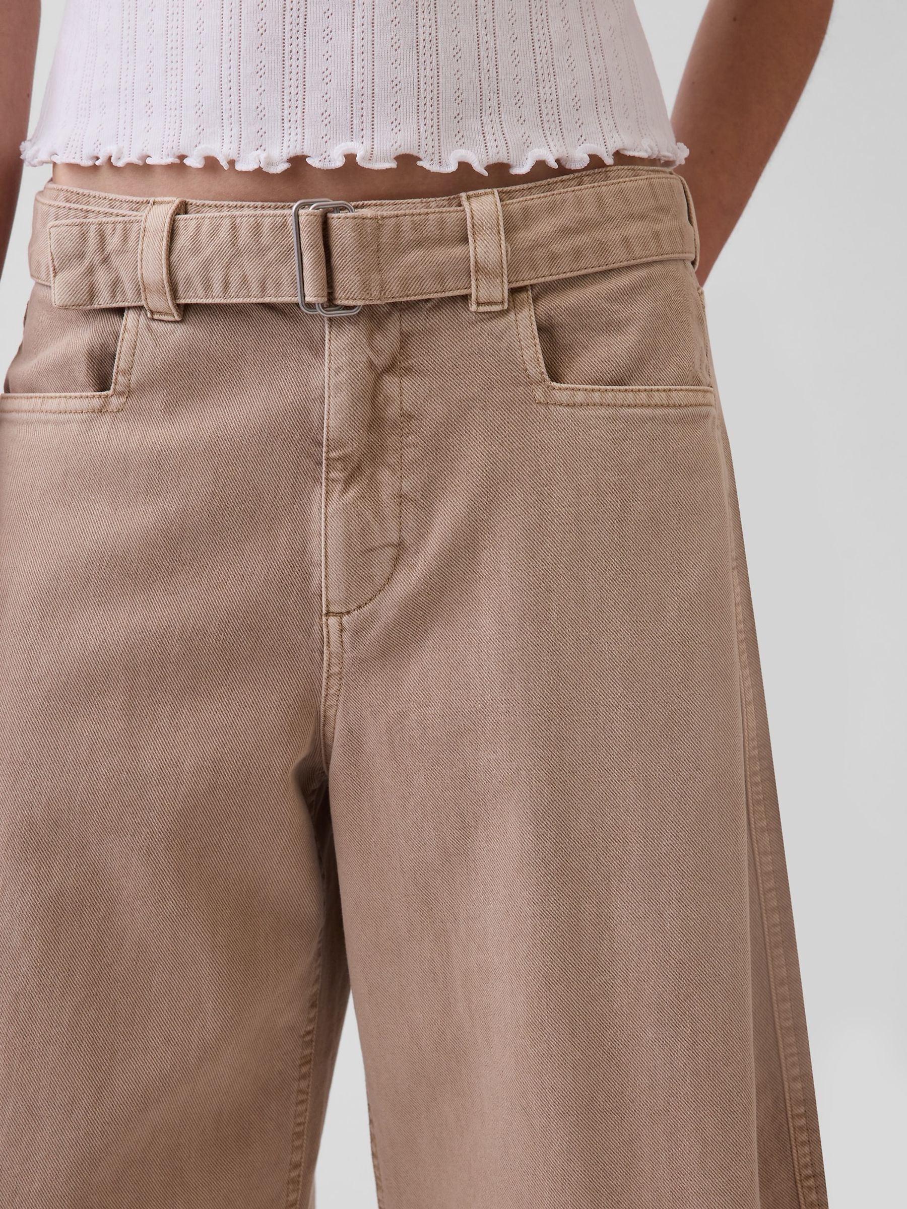 Beige Mid Rise Belted Culotte Barrel Trousers - Image 5 of 5