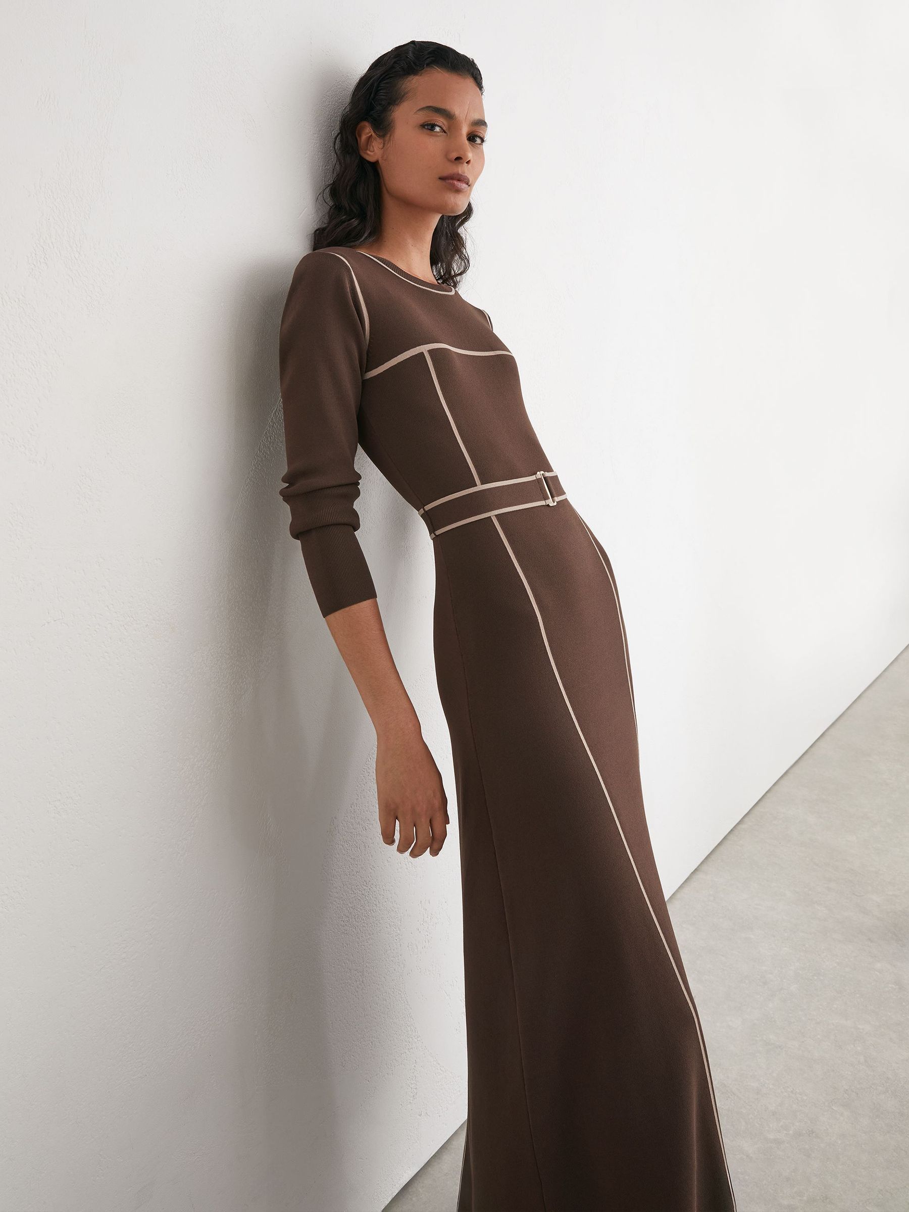 Colour-Block Knitted Midi Dress in Mocha Brown - Image 1 of 8
