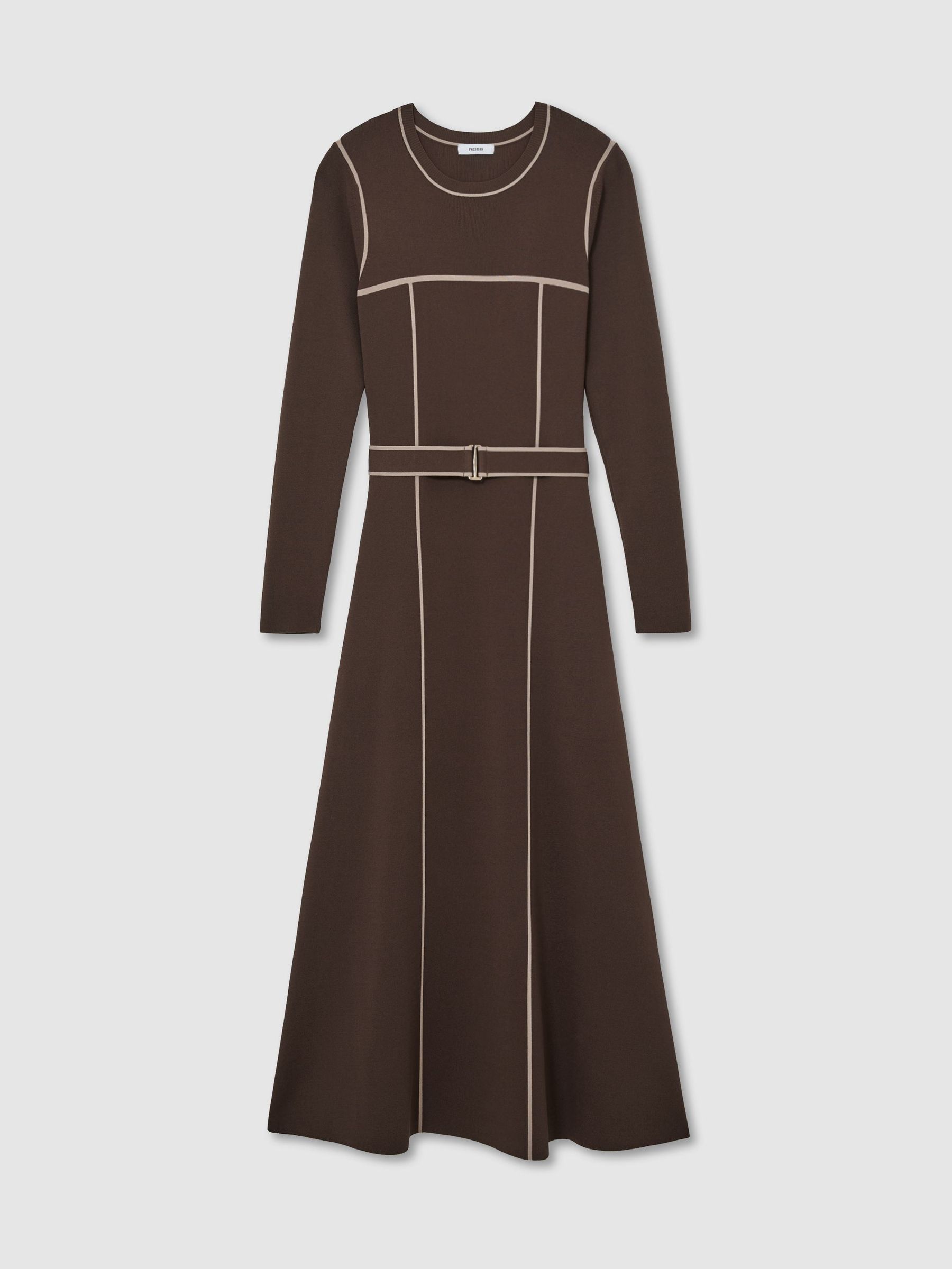 Colour-Block Knitted Midi Dress in Mocha Brown - Image 2 of 8