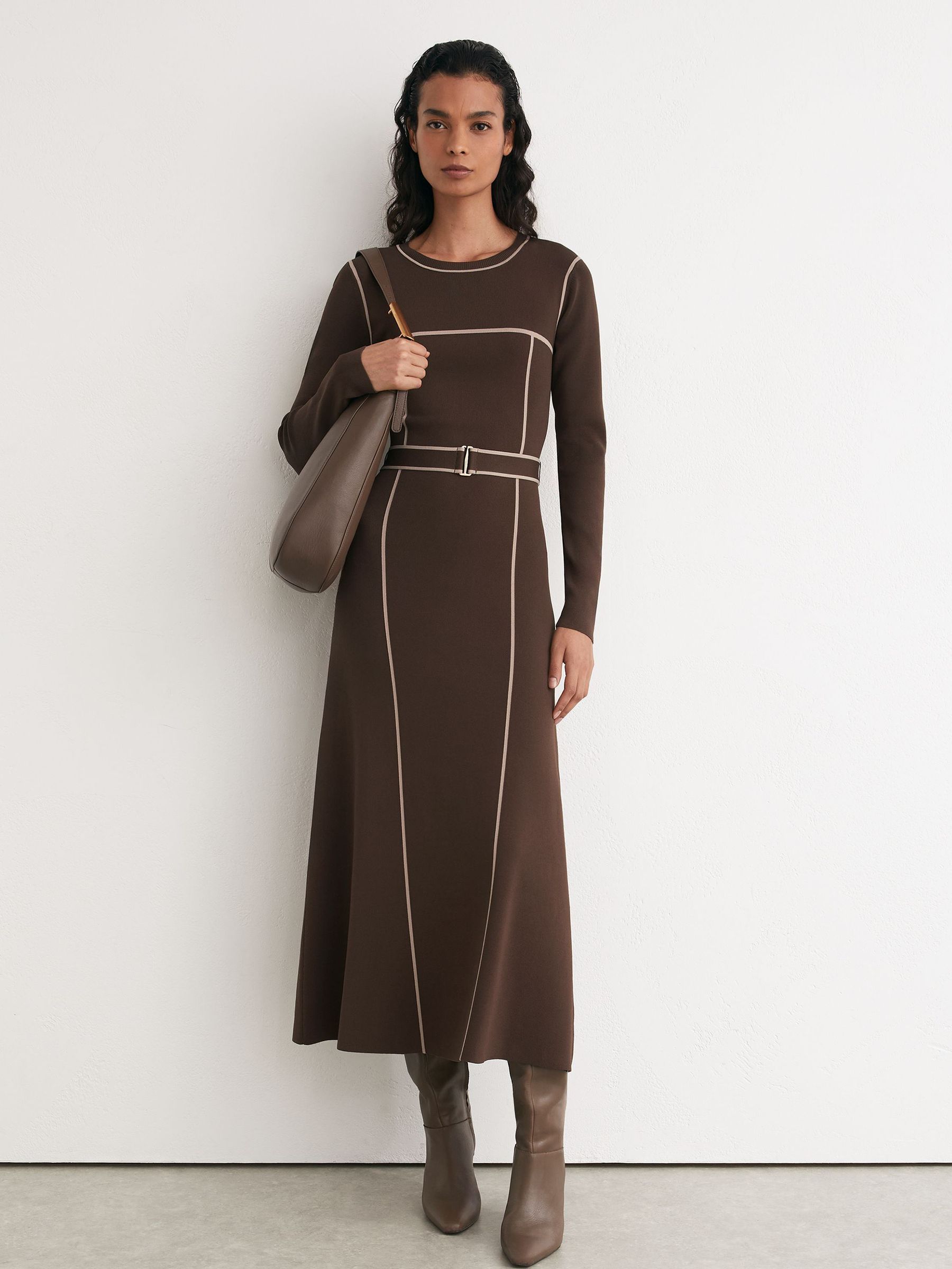 Colour-Block Knitted Midi Dress in Mocha Brown - Image 3 of 8