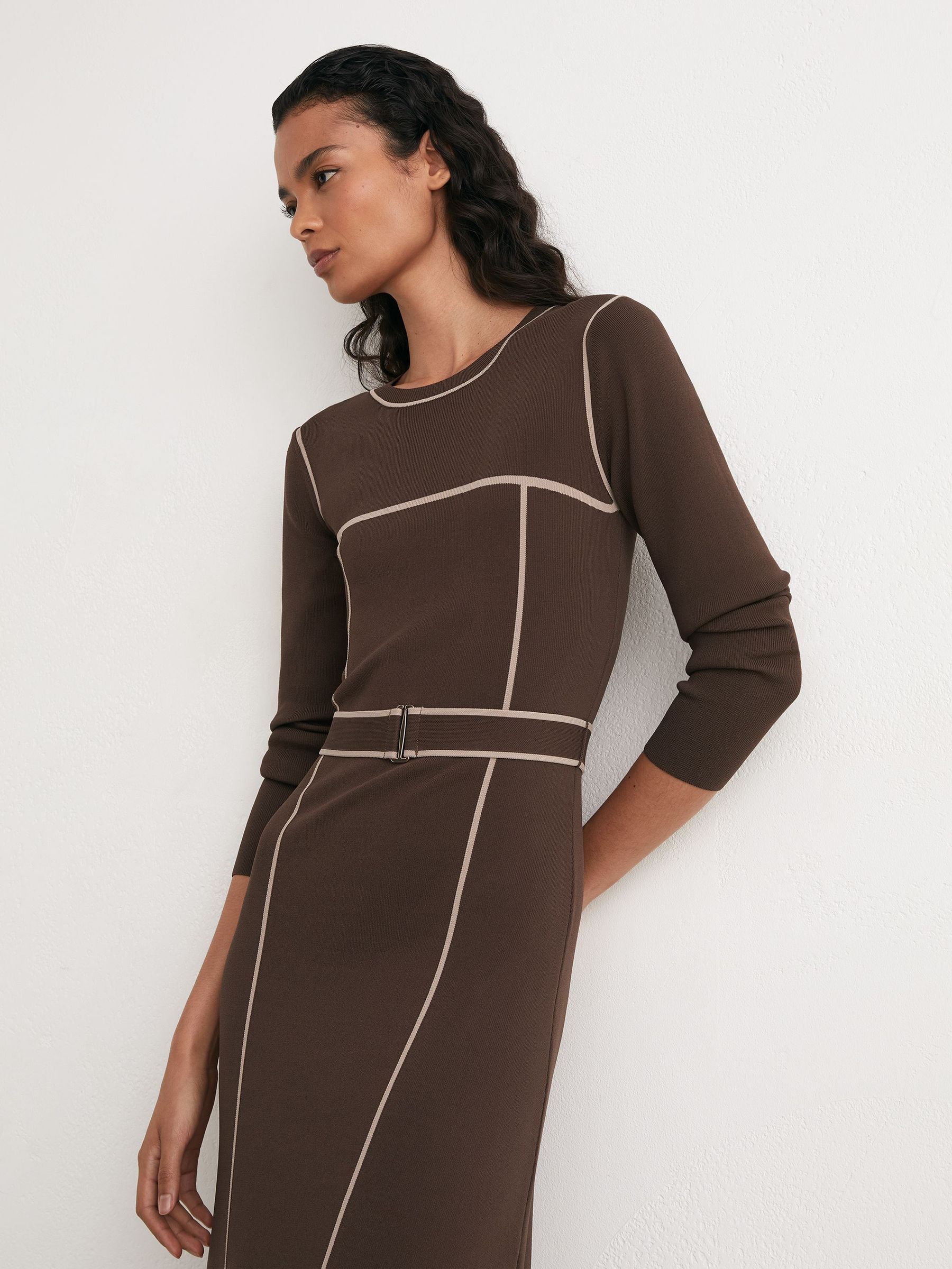 Colour-Block Knitted Midi Dress in Mocha Brown - Image 4 of 8