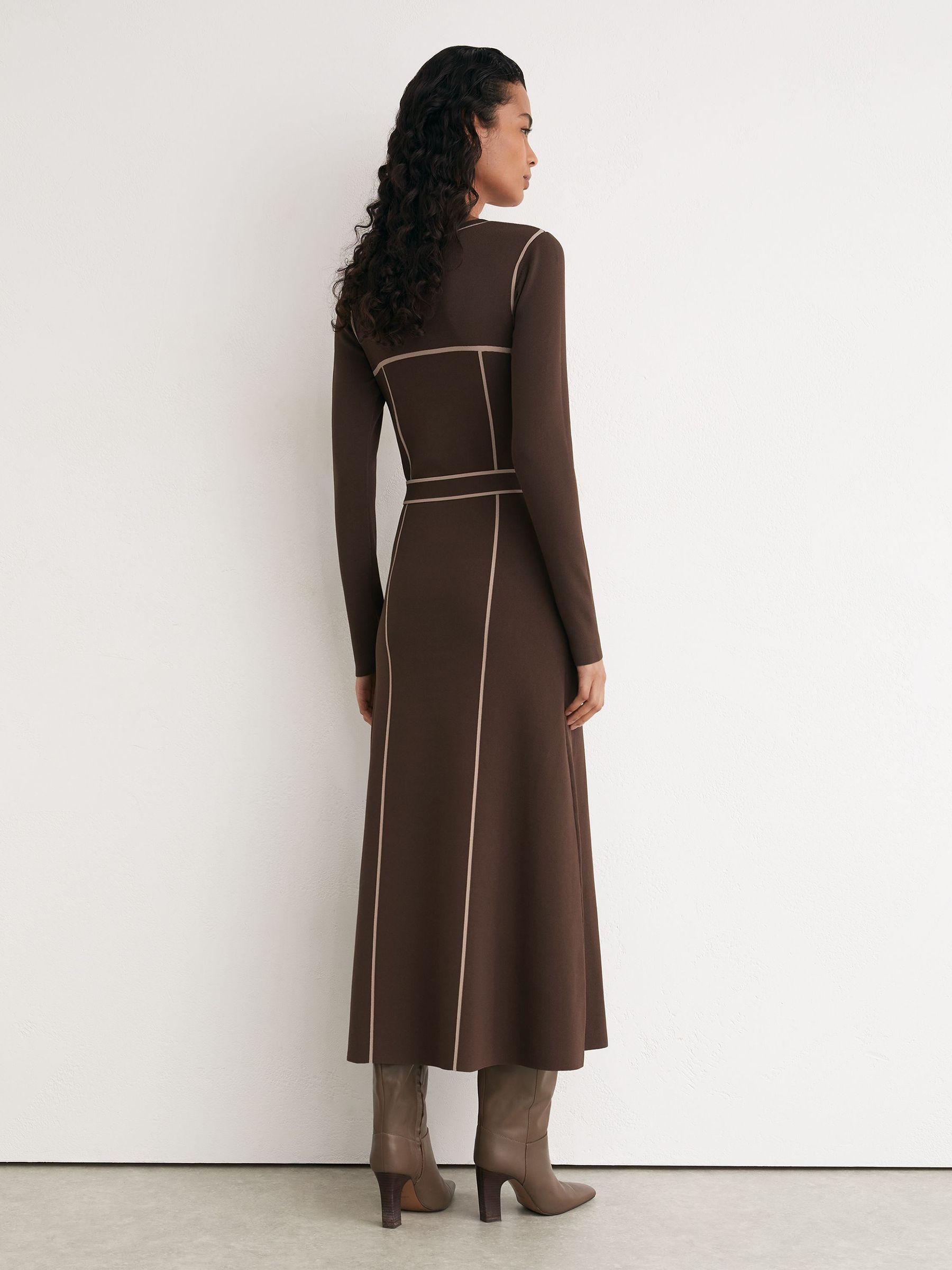 Colour-Block Knitted Midi Dress in Mocha Brown - Image 5 of 8
