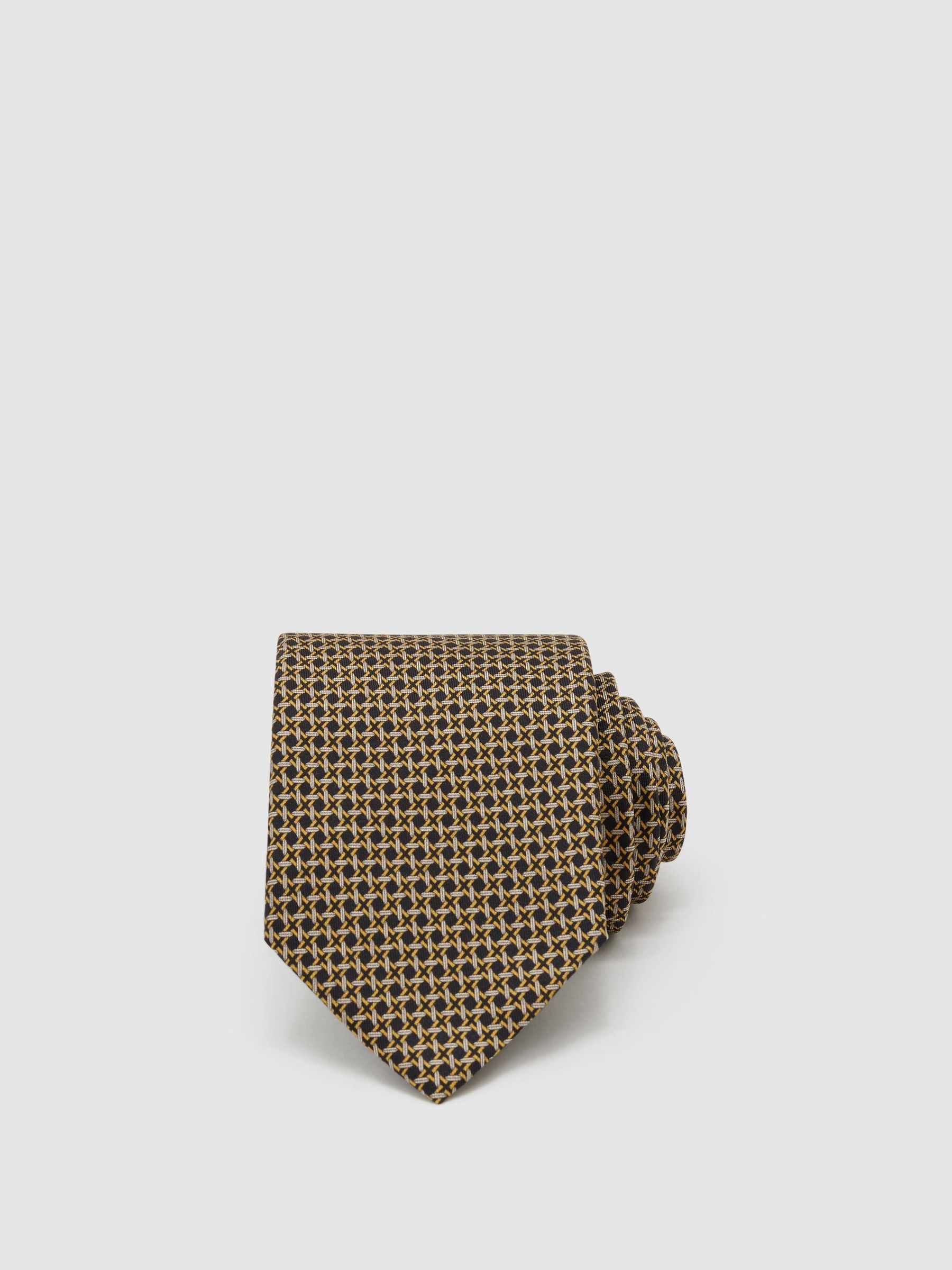 Silk Geometric Cross-Print Tie in Navy/Yellow - Image 1 of 5