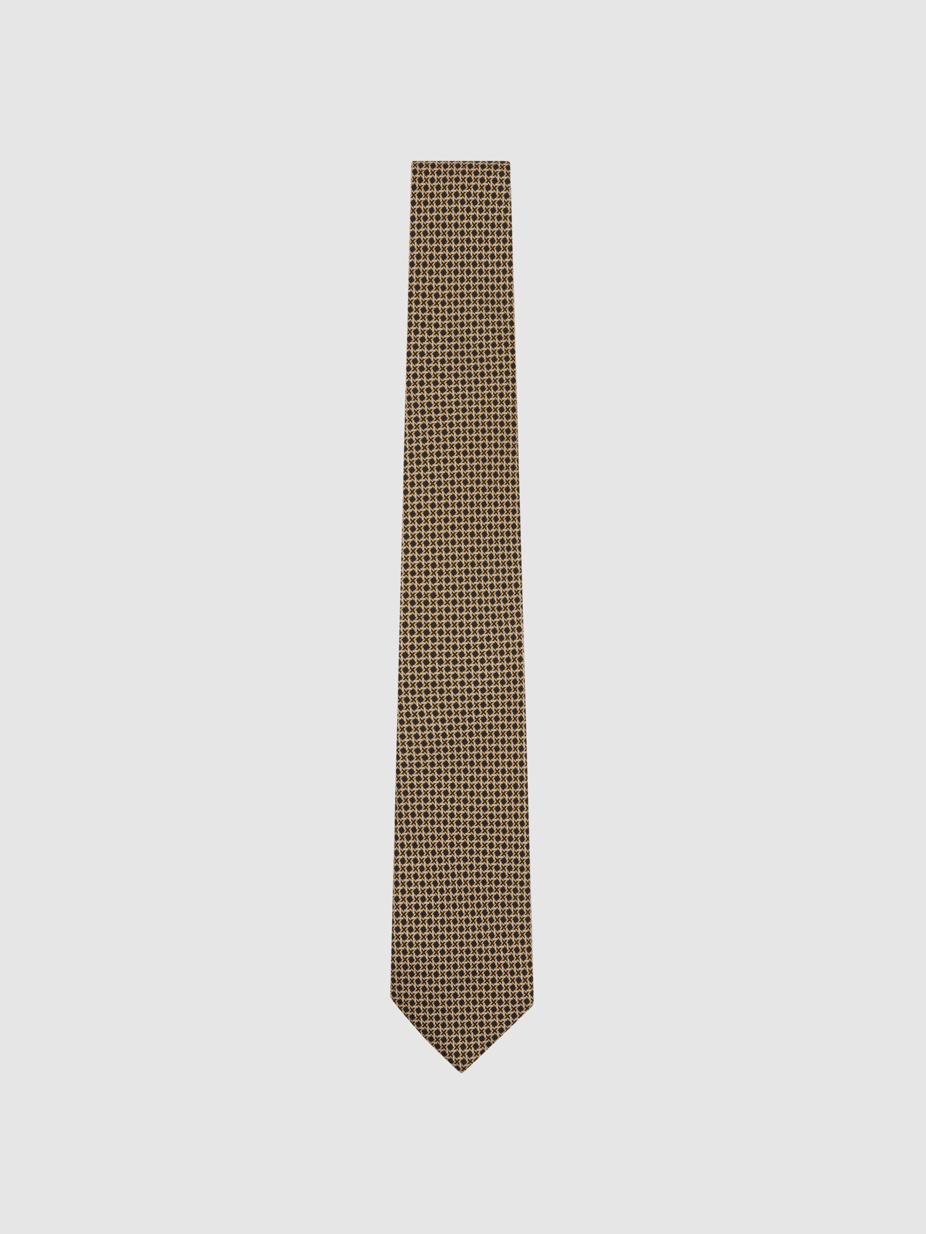 Silk Geometric Cross-Print Tie in Navy/Yellow - Image 2 of 5