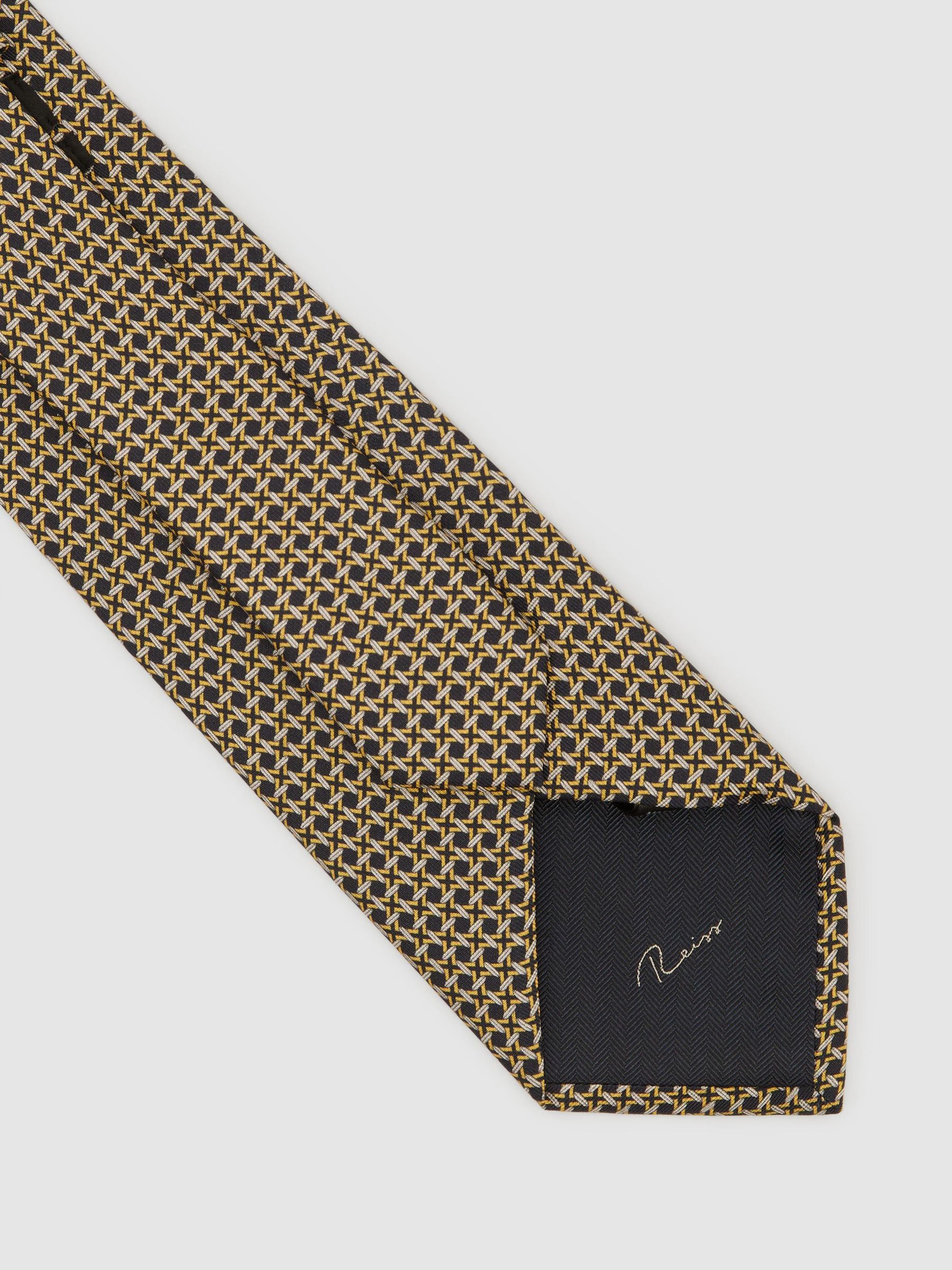 Silk Geometric Cross-Print Tie in Navy/Yellow - Image 4 of 5