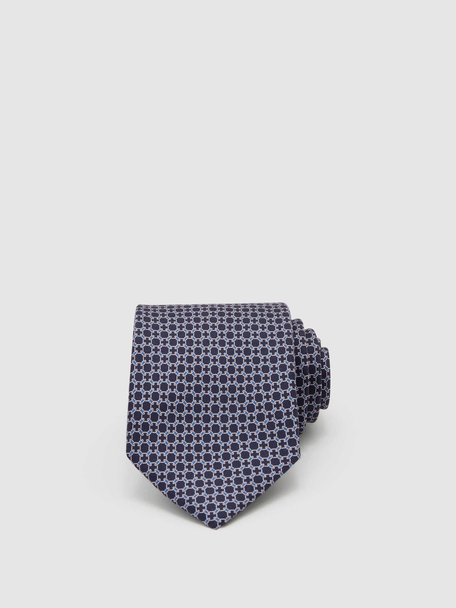 Silk Geometric Chain-Print Tie in Navy - Image 1 of 5