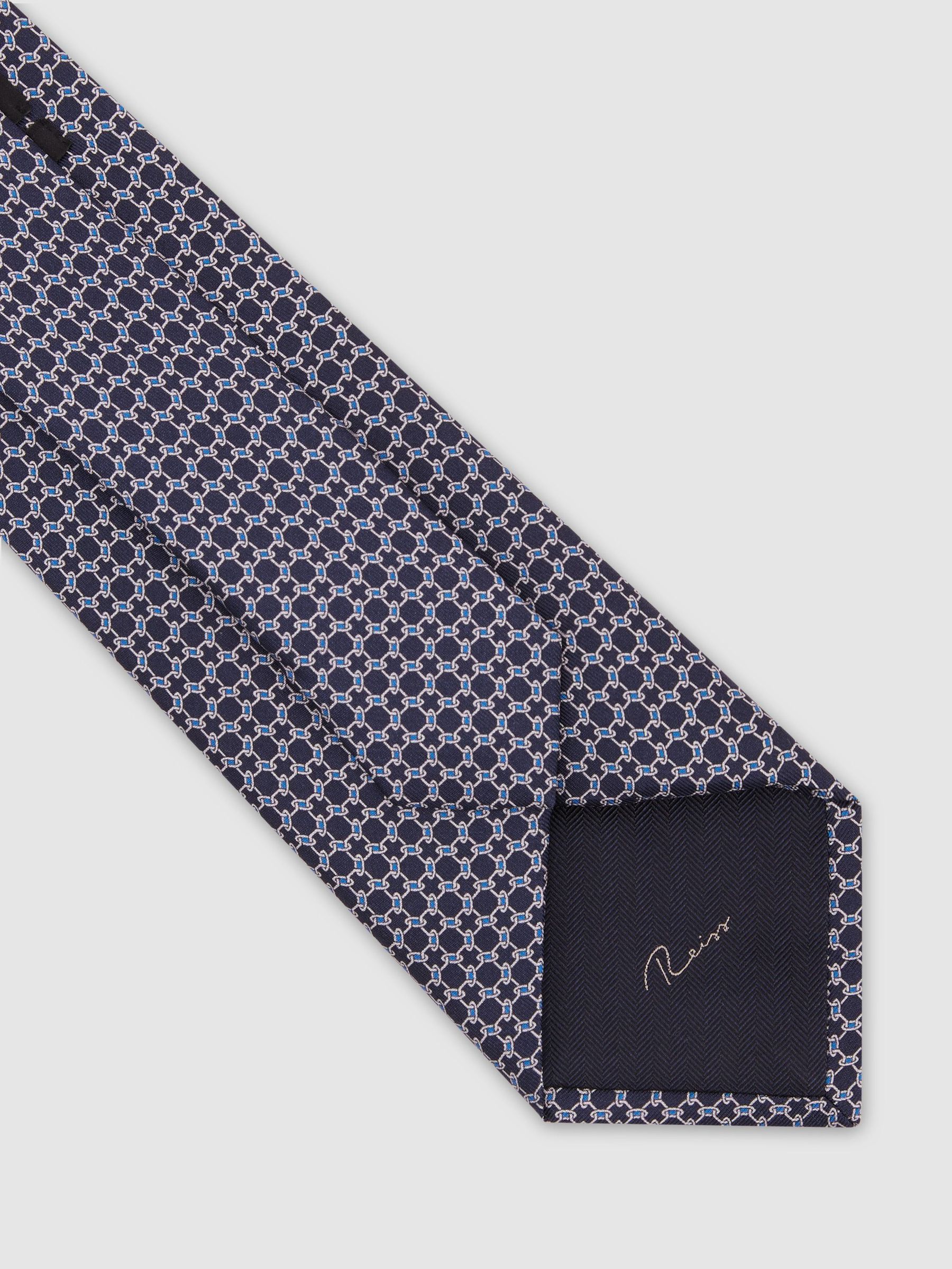 Silk Geometric Chain-Print Tie in Navy - Image 4 of 5