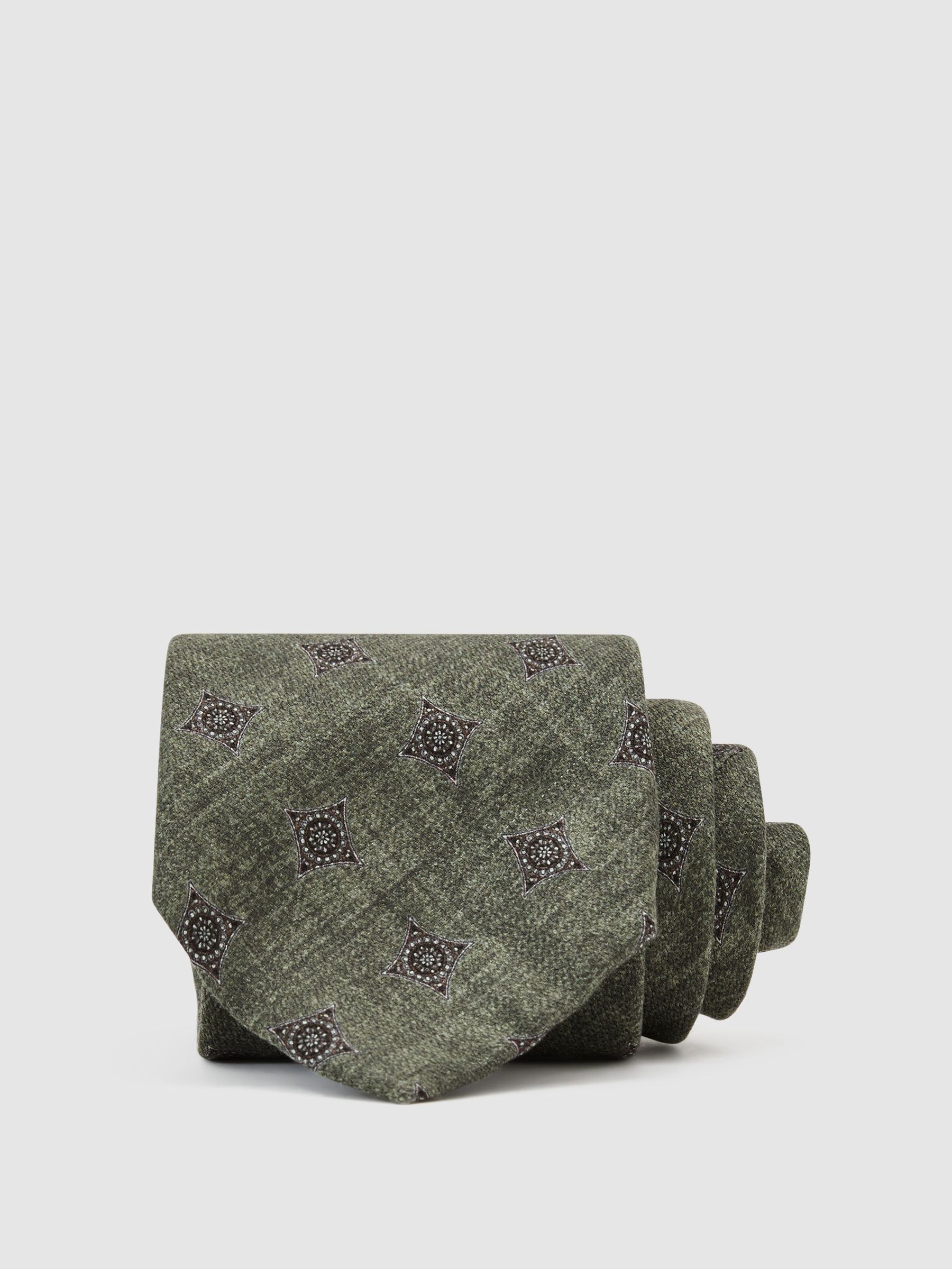 Silk Diamond Medallion-Print Tie in Dark Sage Green - Image 1 of 5 Silk Diamond Medallion-Print Tie in Dark Sage Green - Image 1 of 5