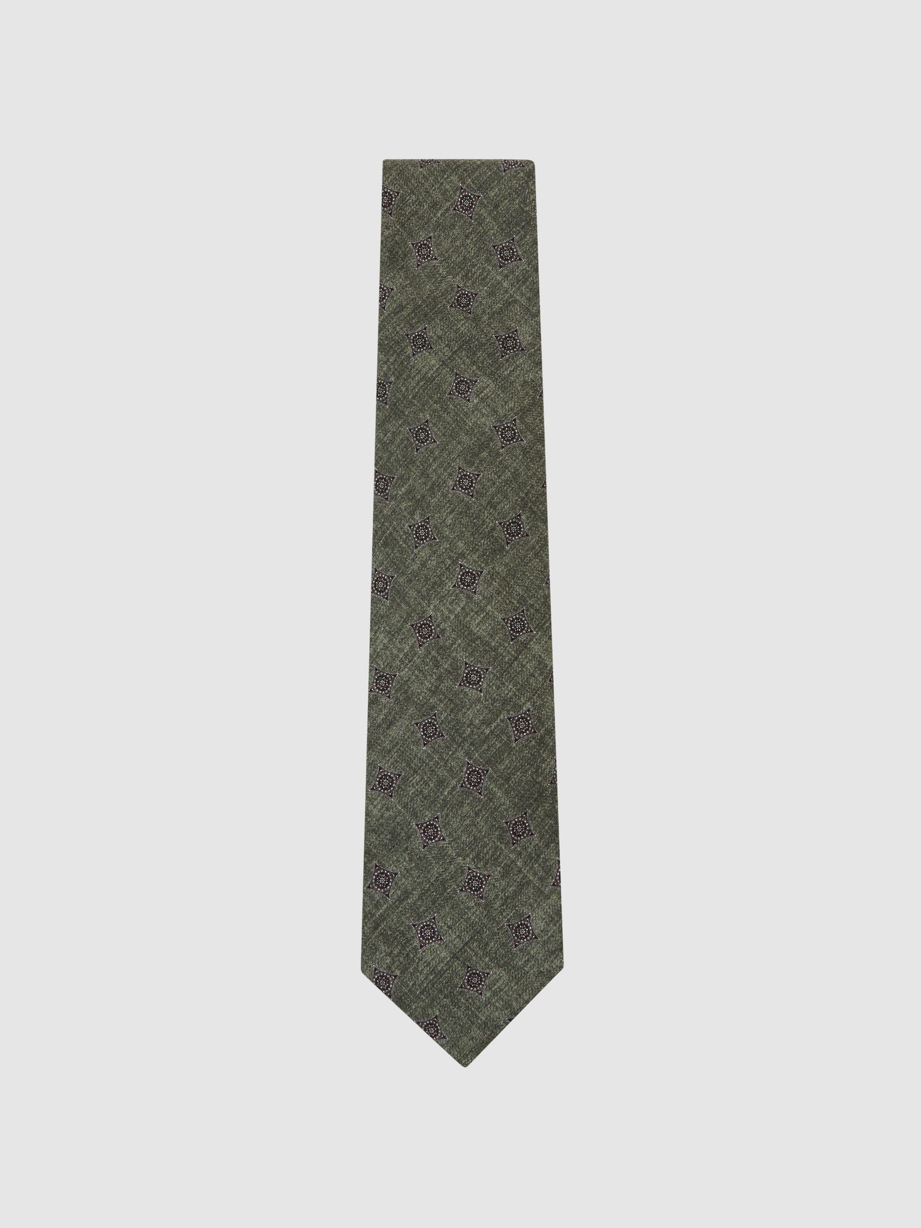 Silk Diamond Medallion-Print Tie in Dark Sage Green - Image 2 of 5 Silk Diamond Medallion-Print Tie in Dark Sage Green - Image 2 of 5