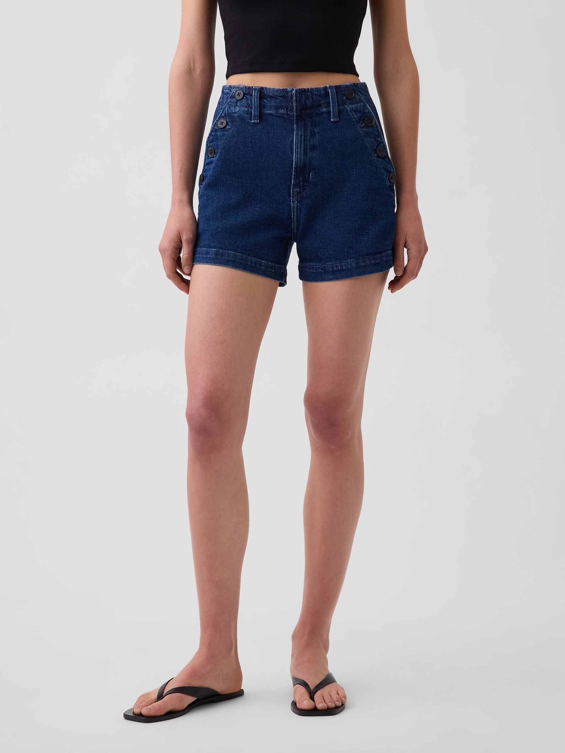 Dark Wash 3.5 inch High Waisted Sailor Denim Shorts - Image 1 of 4