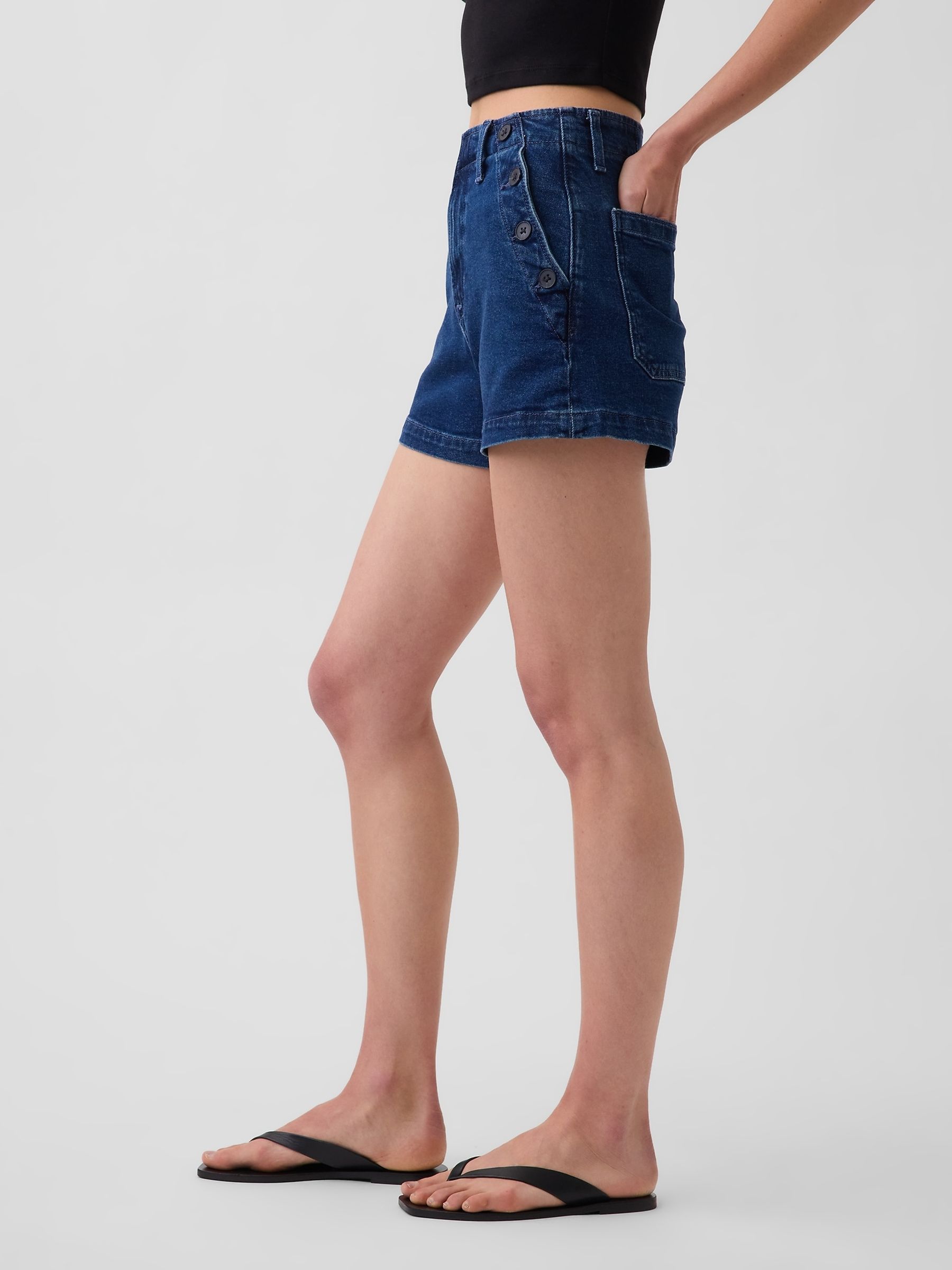 Dark Wash 3.5 inch High Waisted Sailor Denim Shorts - Image 3 of 4