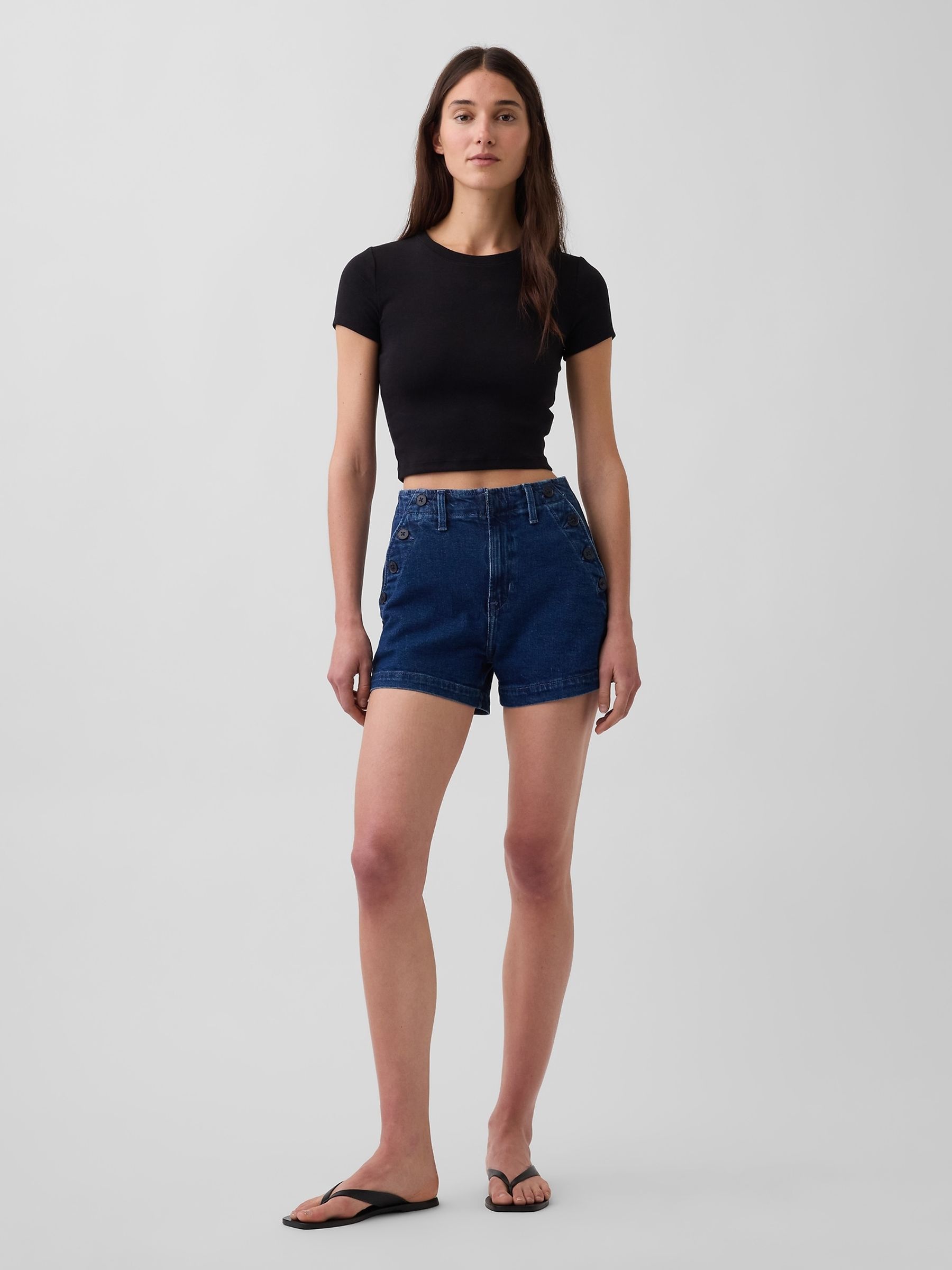 Dark Wash 3.5 inch High Waisted Sailor Denim Shorts - Image 4 of 4