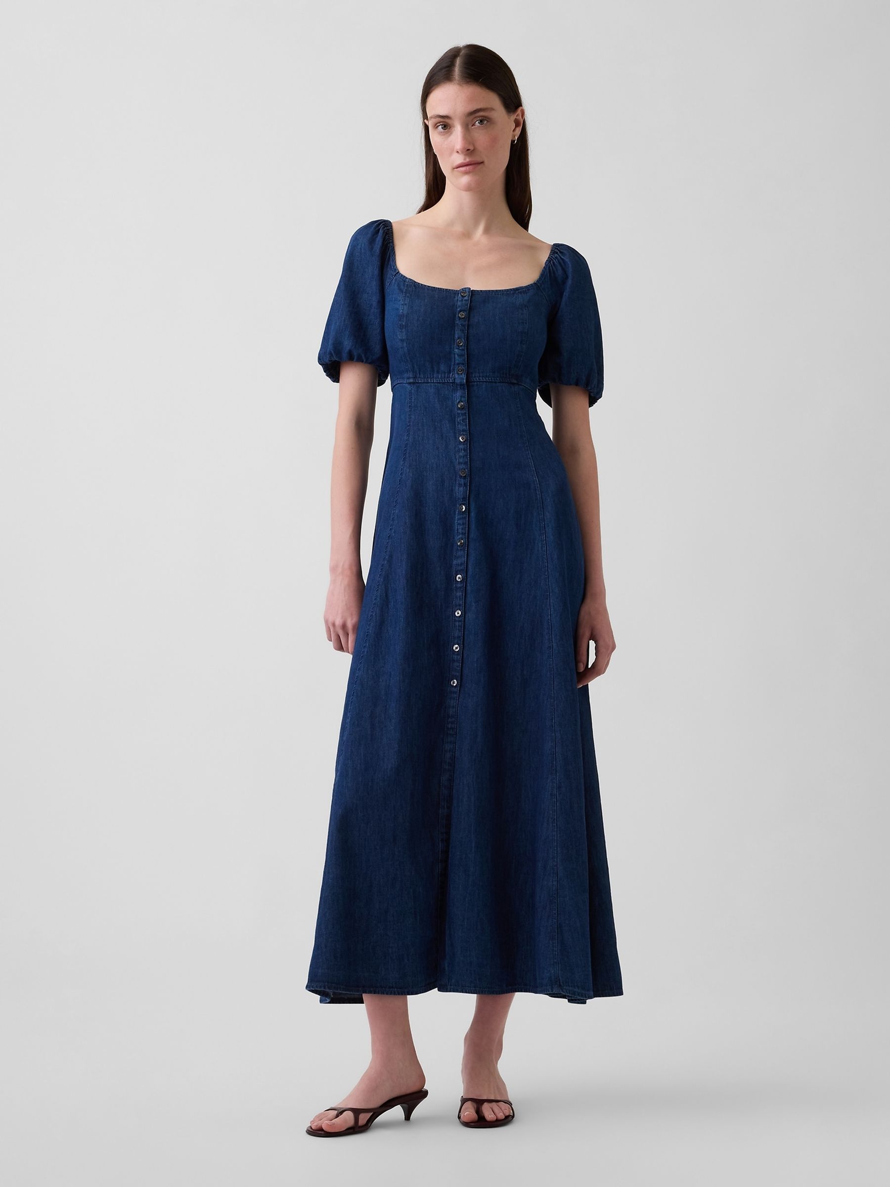 Dark Wash Denim Puff-Sleeve Button-Front Maxi Dress - Image 1 of 4