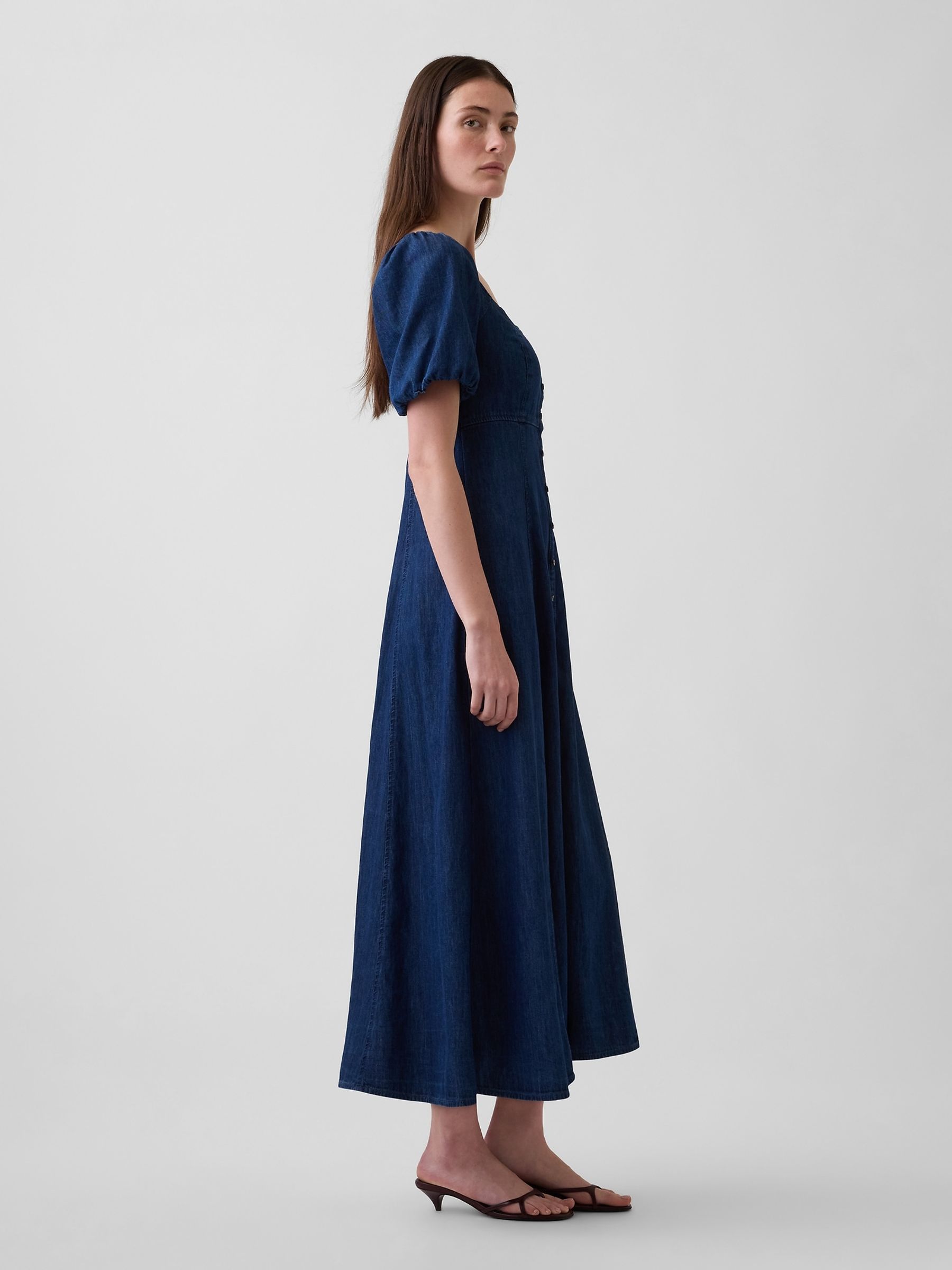 Dark Wash Denim Puff-Sleeve Button-Front Maxi Dress - Image 3 of 4