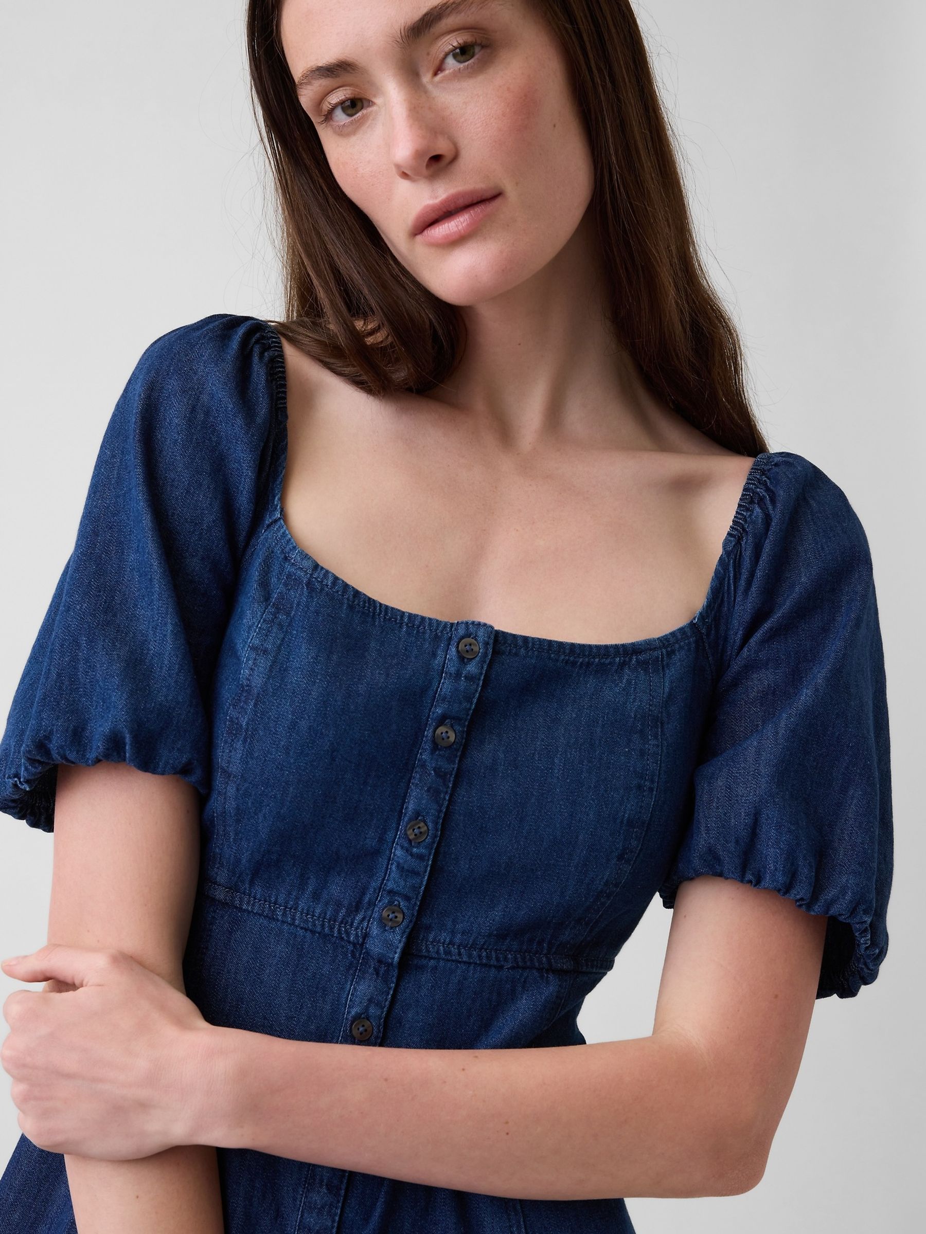Dark Wash Denim Puff-Sleeve Button-Front Maxi Dress - Image 4 of 4