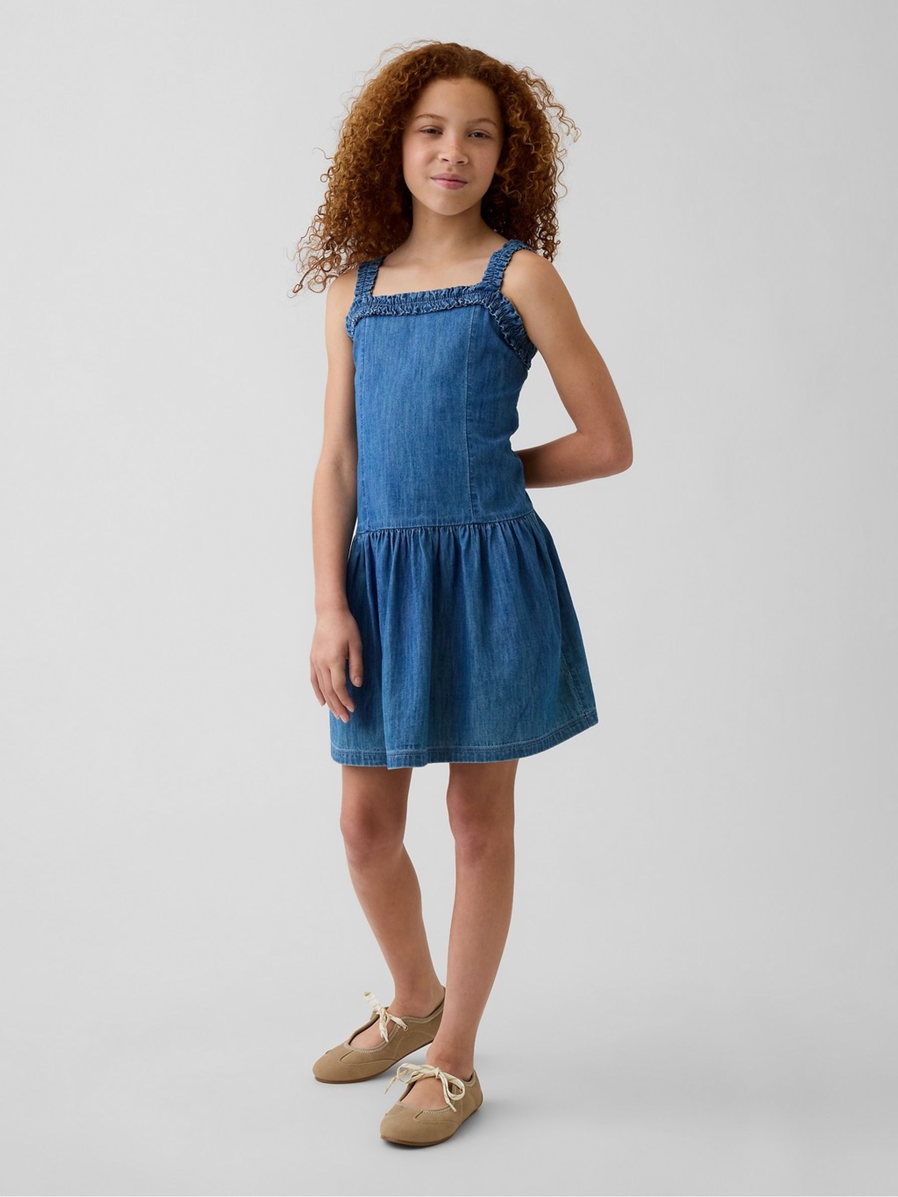 Mid Wash Denim Drop-Waist Dress - Image 1 of 3 Mid Wash Denim Drop-Waist Dress - Image 1 of 3