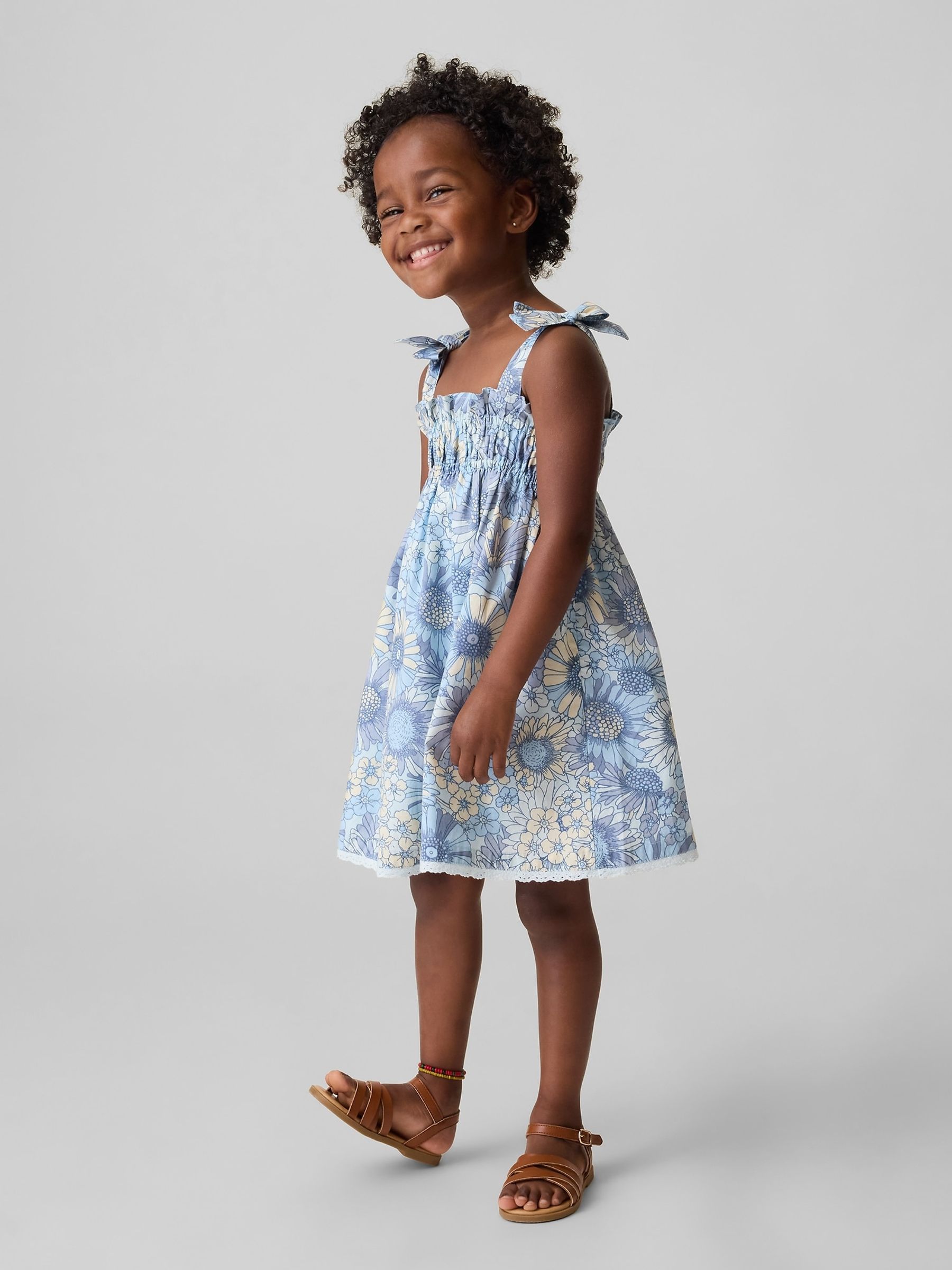 Blue Smocked Floral Bow-Strap Dress - Image 1 of 4 Blue Smocked Floral Bow-Strap Dress - Image 1 of 4