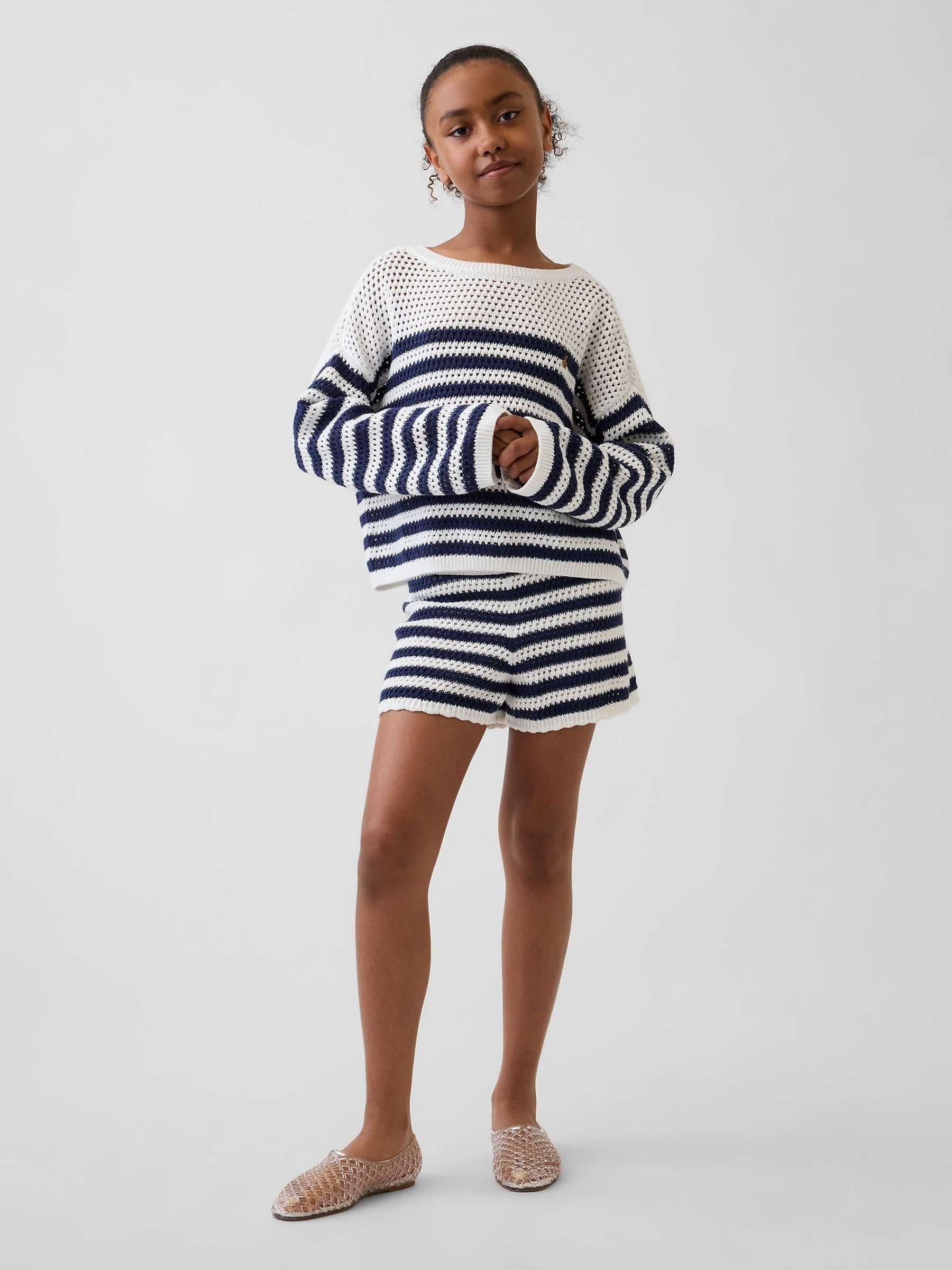 Blue/White Crochet Stripe Easy Shorts - Image 3 of 5