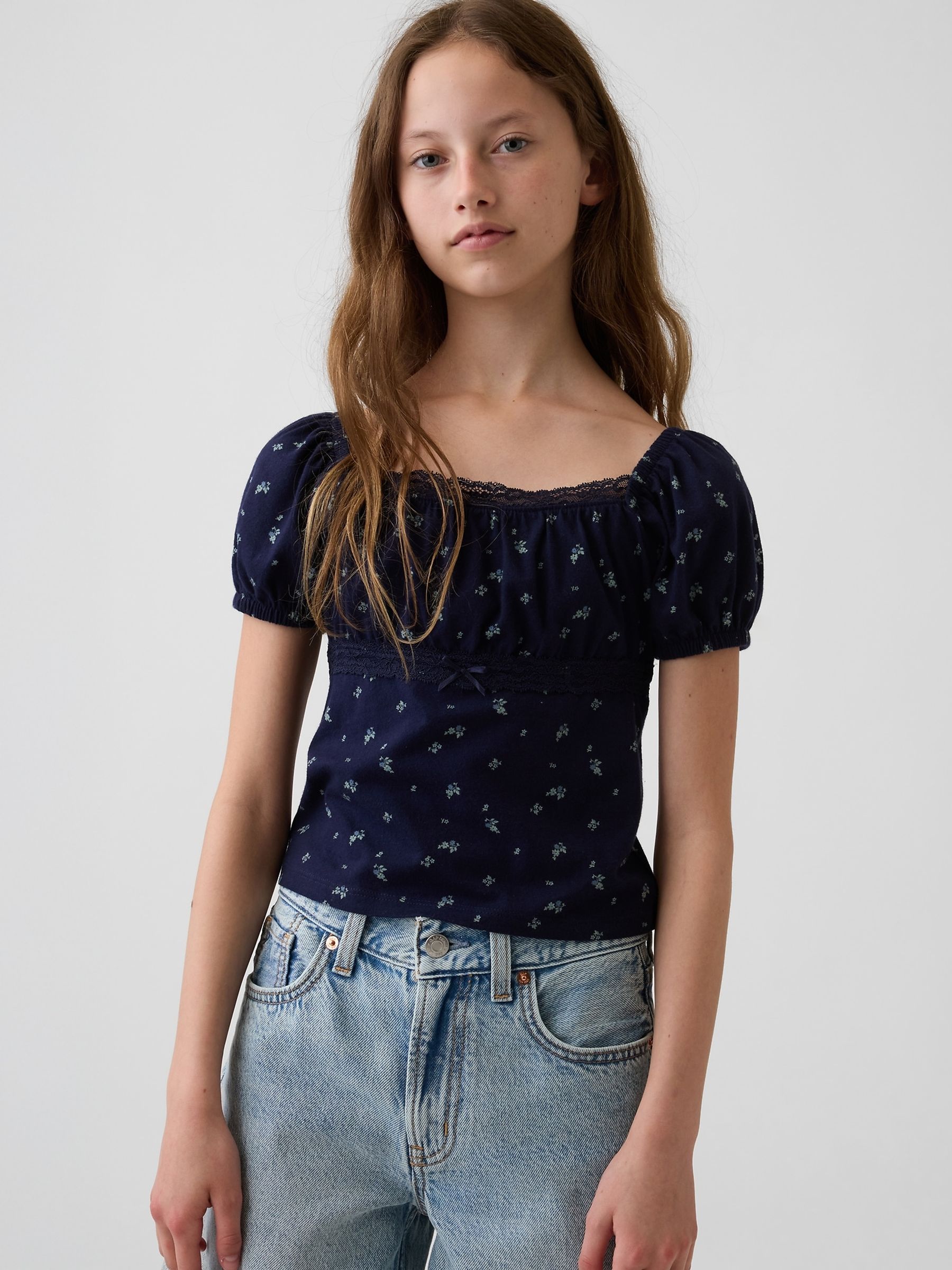Navy Floral Lace-Trim Puff-Sleeve Top - Image 1 of 4