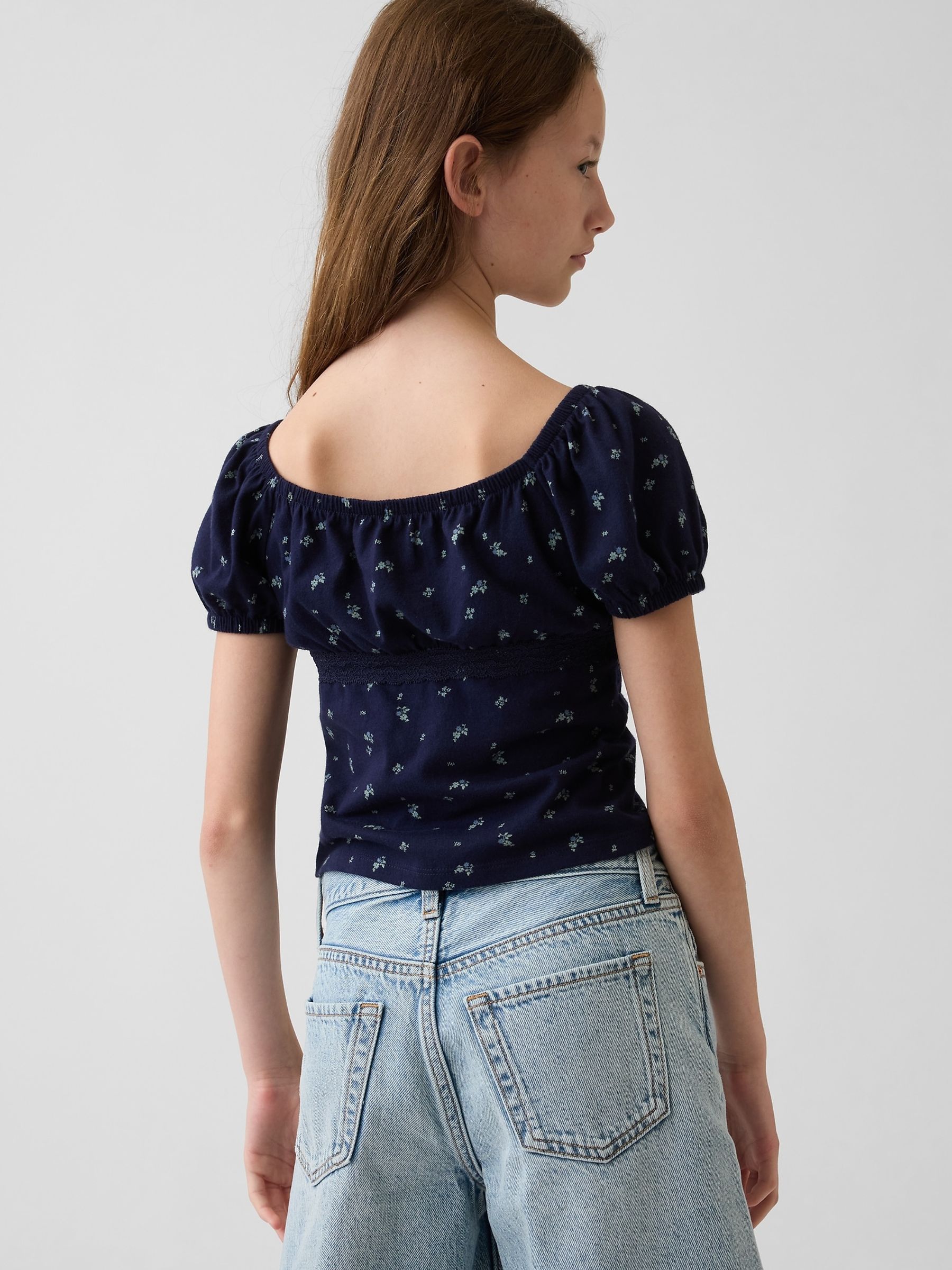Navy Floral Lace-Trim Puff-Sleeve Top - Image 2 of 4