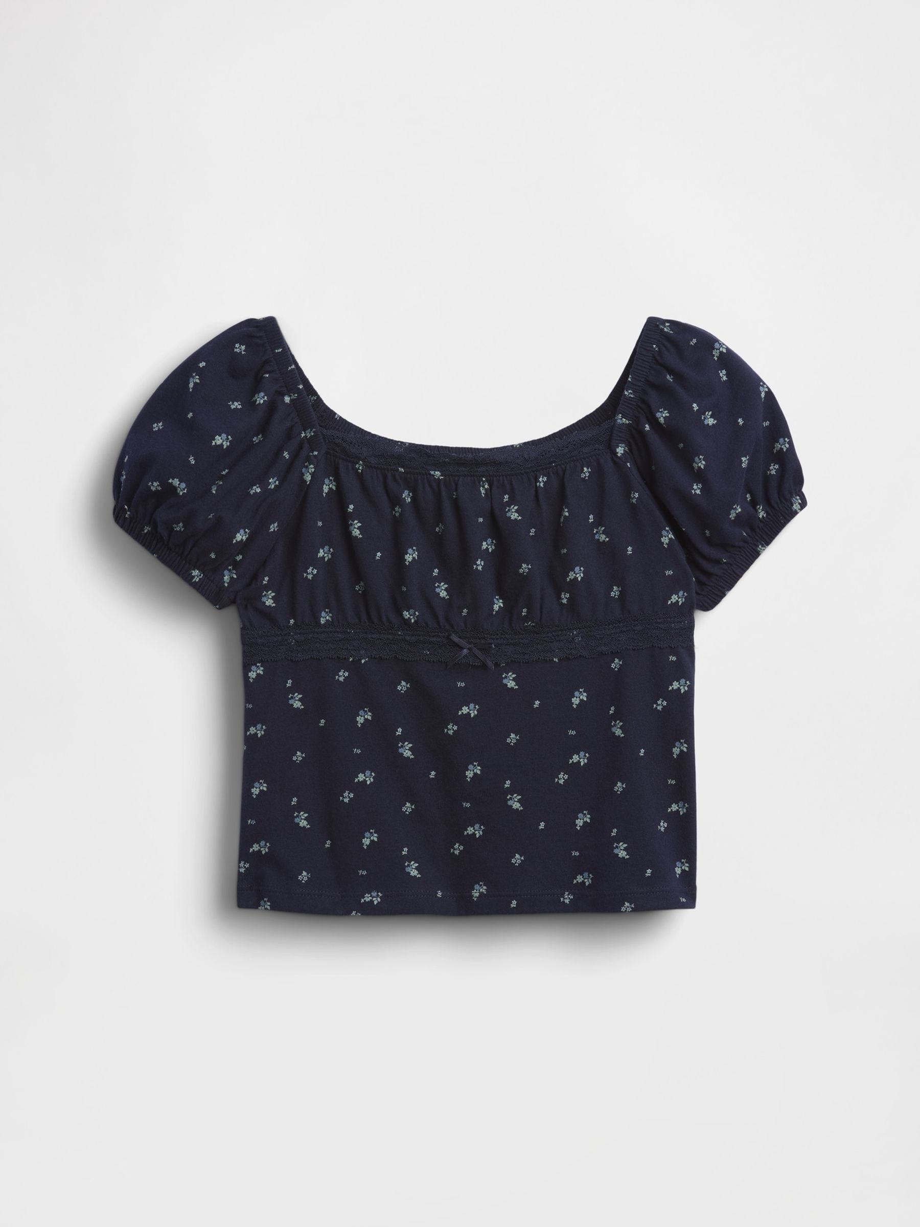 Navy Floral Lace-Trim Puff-Sleeve Top - Image 3 of 4
