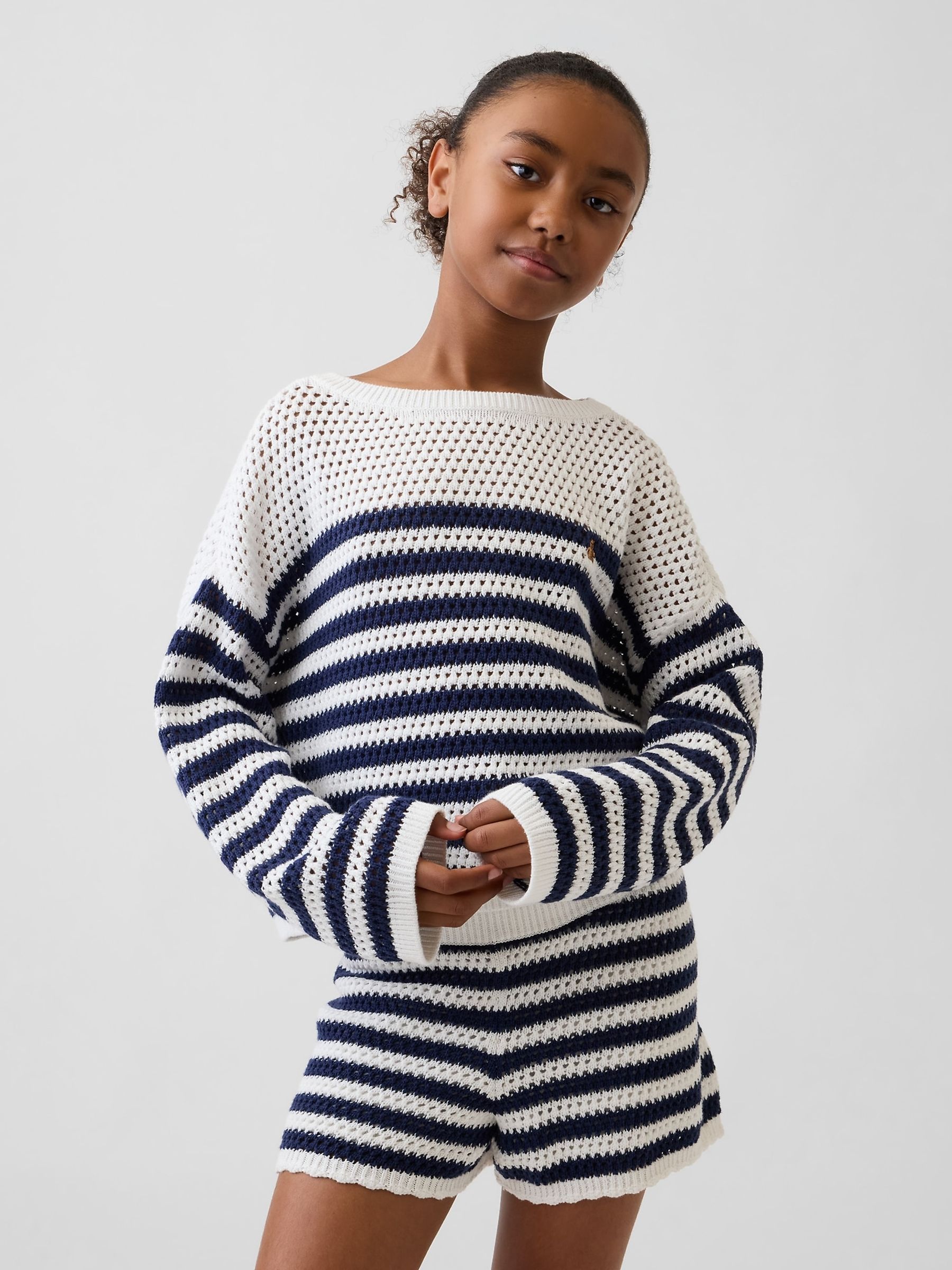 Blue/Cream Crochet Oversized Stripe Jumper - Image 1 of 5