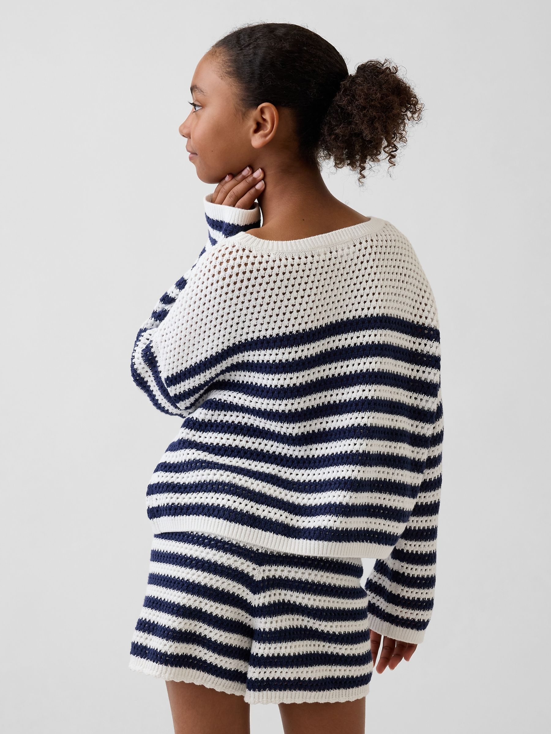 Blue/Cream Crochet Oversized Stripe Jumper - Image 2 of 5