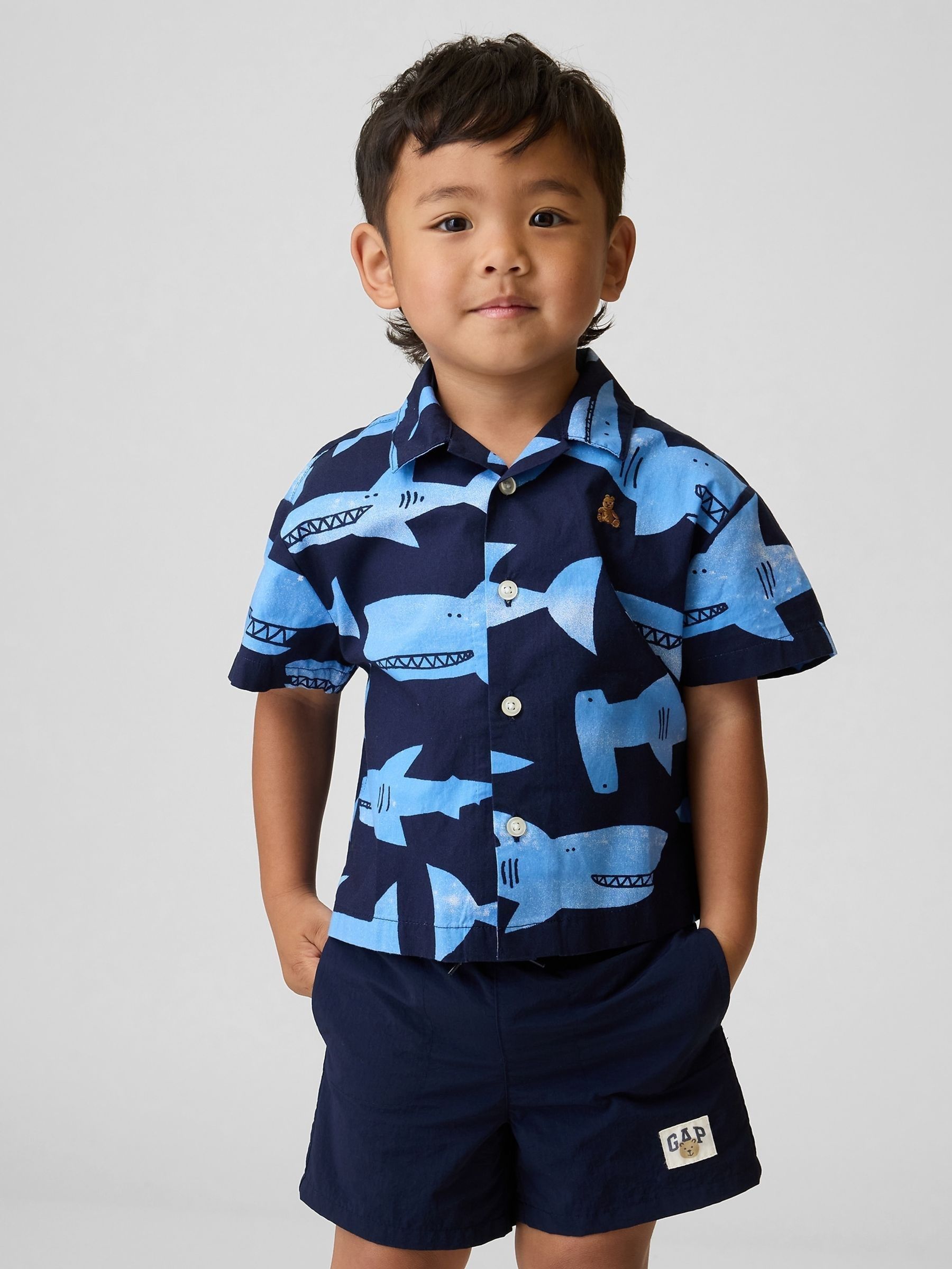 Blue Poplin Print Short Sleeve Shirt - Image 1 of 4