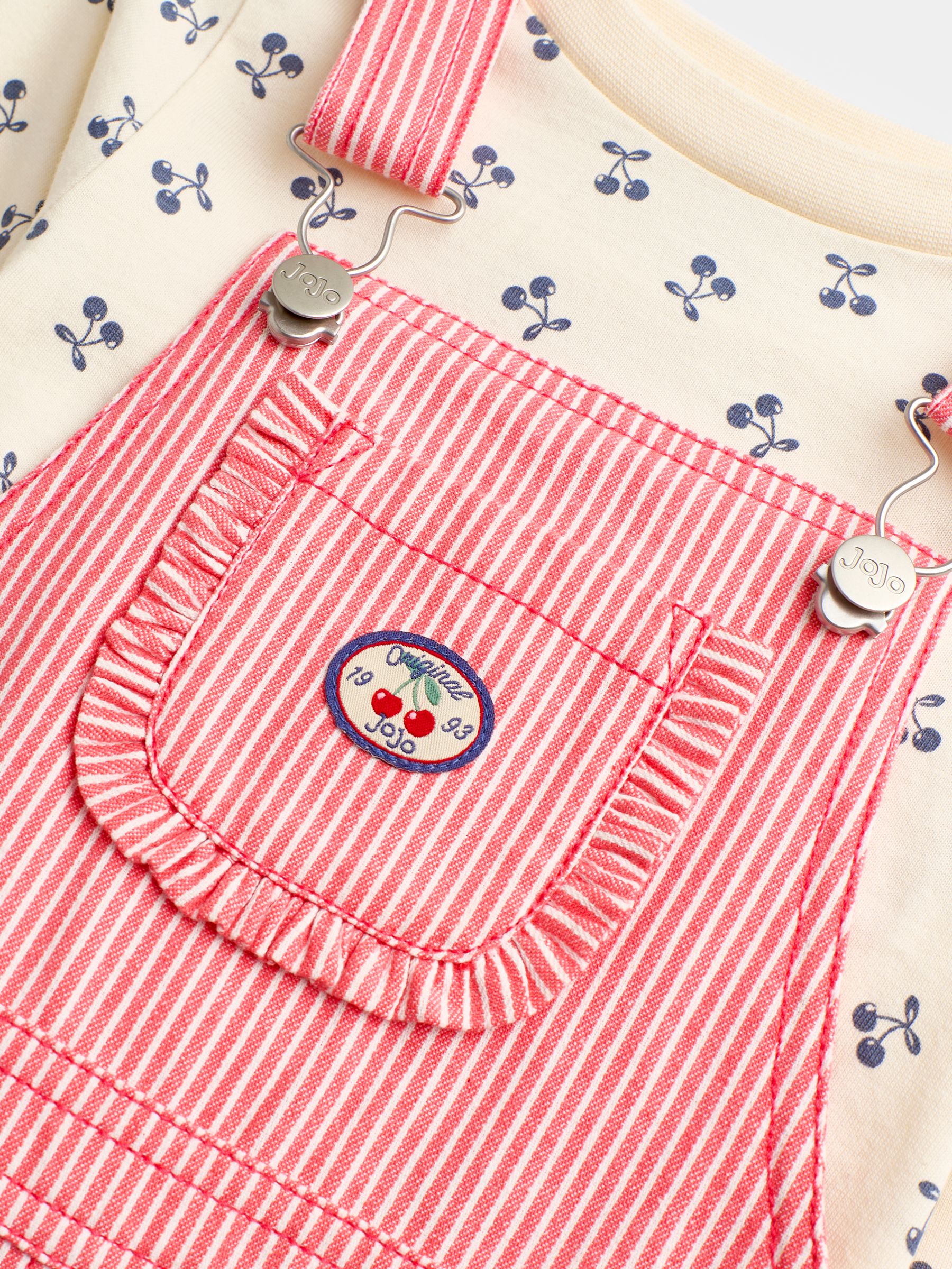 Bright Red Cherry Pinstripe Dungaree & Printed Top Set - Image 6 of 6