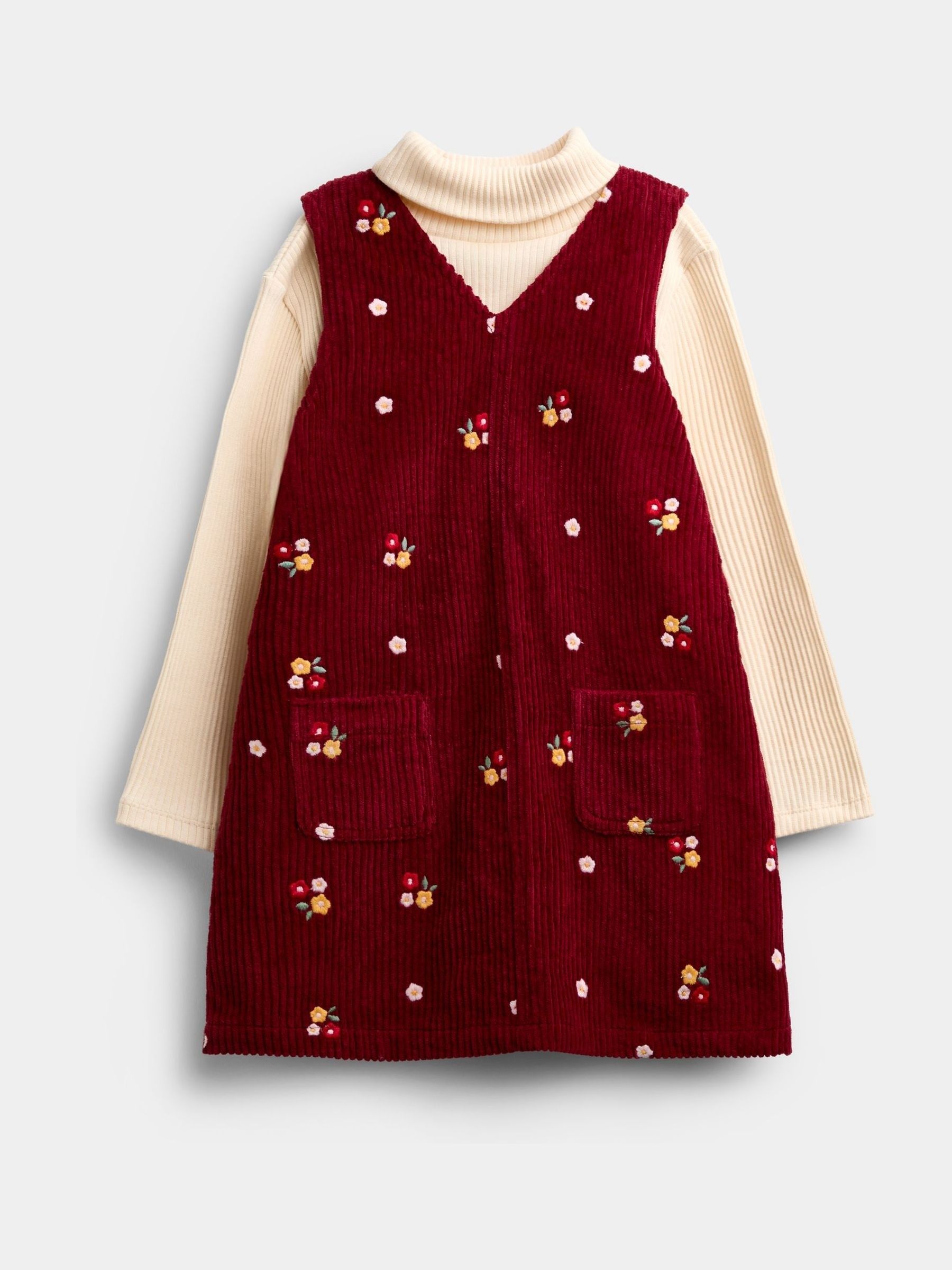 Dark Red Floral Embroidered Cord Pinafore & Top - Image 1 of 6