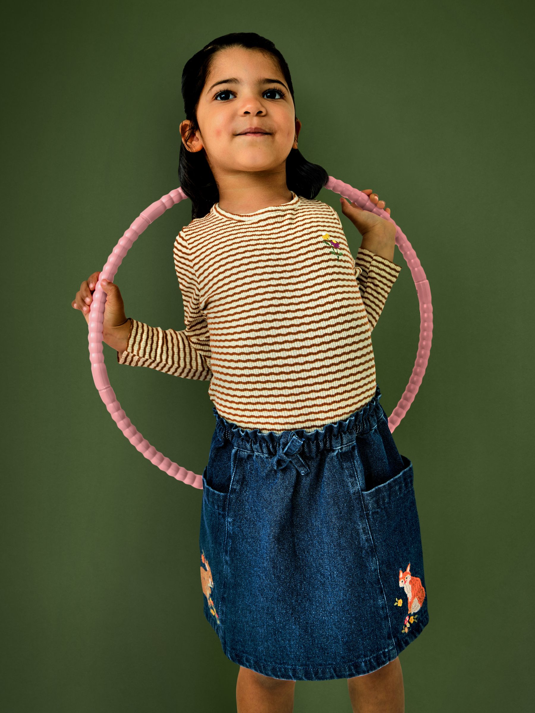 Dark Blue Denim Fox & Squirrel Appliqué Denim Skirt & Rib Top - Image 1 of 7 Dark Blue Denim Fox & Squirrel Appliqué Denim Skirt & Rib Top - Image 1 of 7