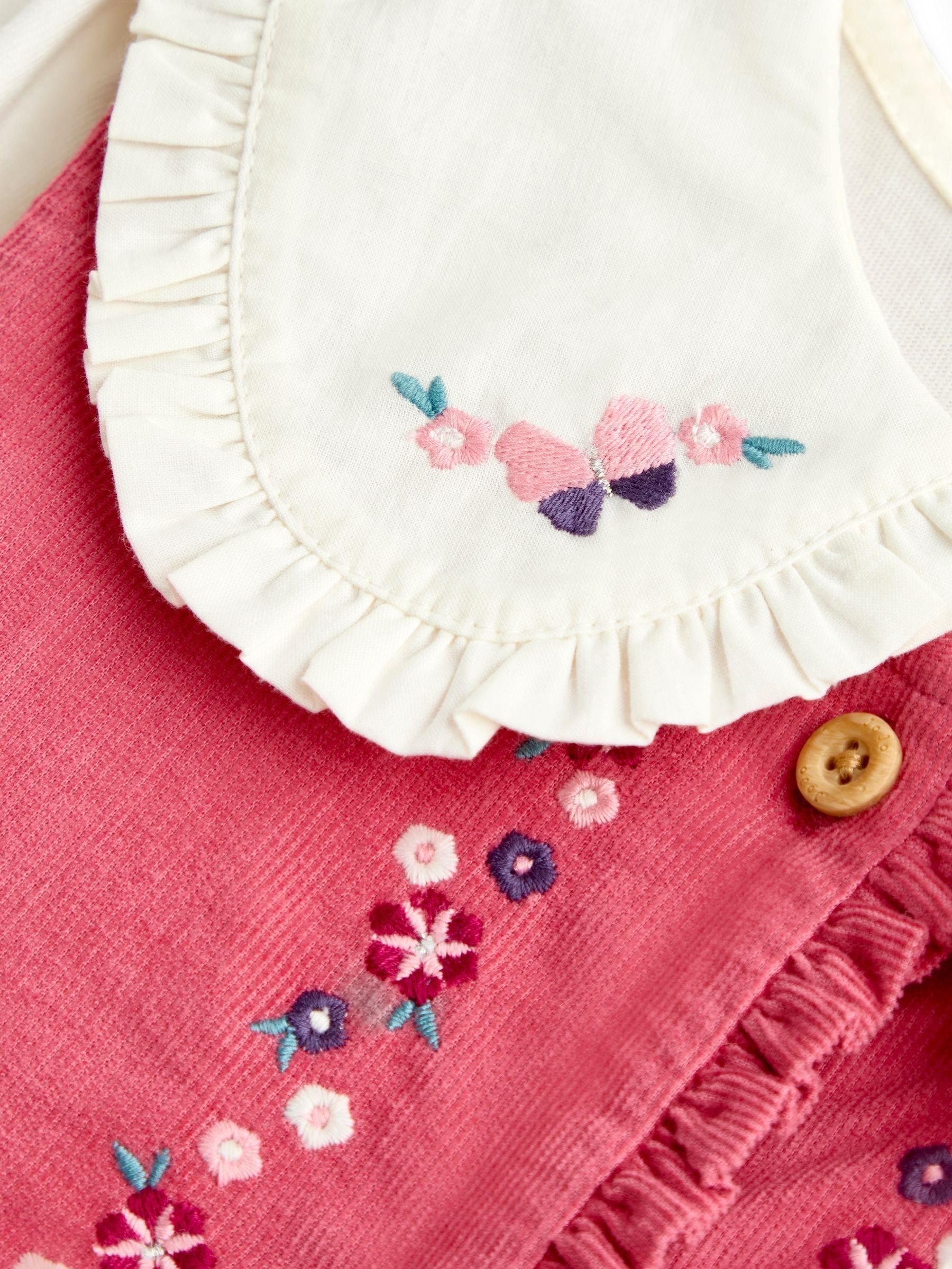 Bright Pink Flowers Embroidered Cord Pinafore Dress & Blouse Set - Image 7 of 7