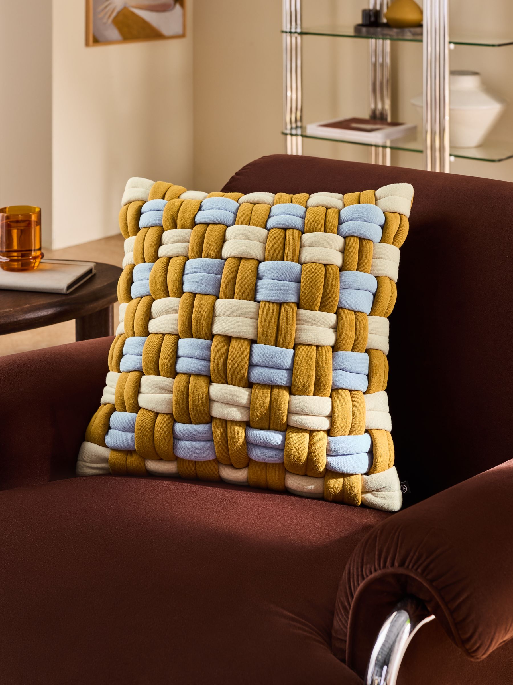 Morven Lattice Jersey Cushion in Ochre Yellow - Image 1 of 4