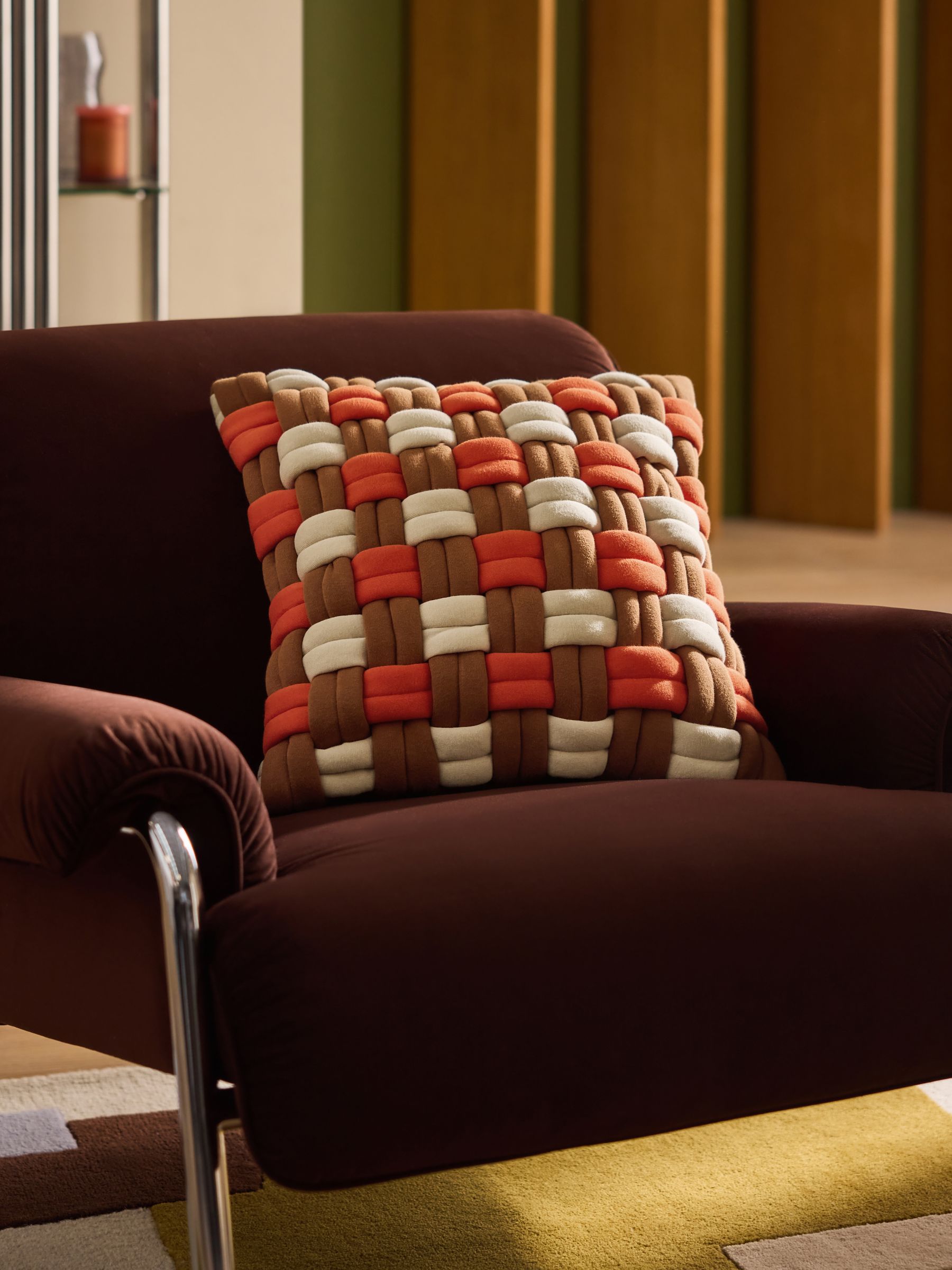 Feather Filled Morven Lattice Jersey Cushion in Rust Orange - Image 1 of 4