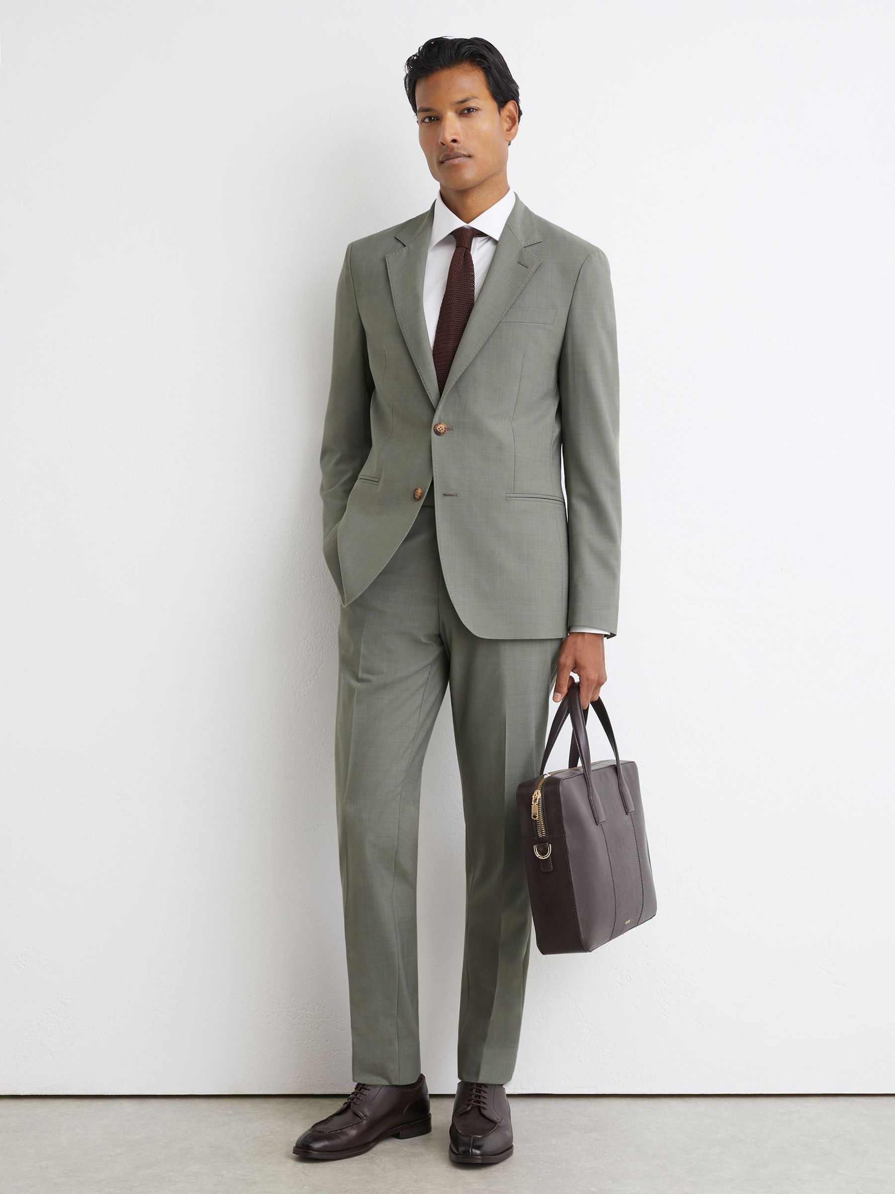 Tailored Fit Wool-Blend Single-Breasted Suit Blazer in Sage Green - Image 4 of 10