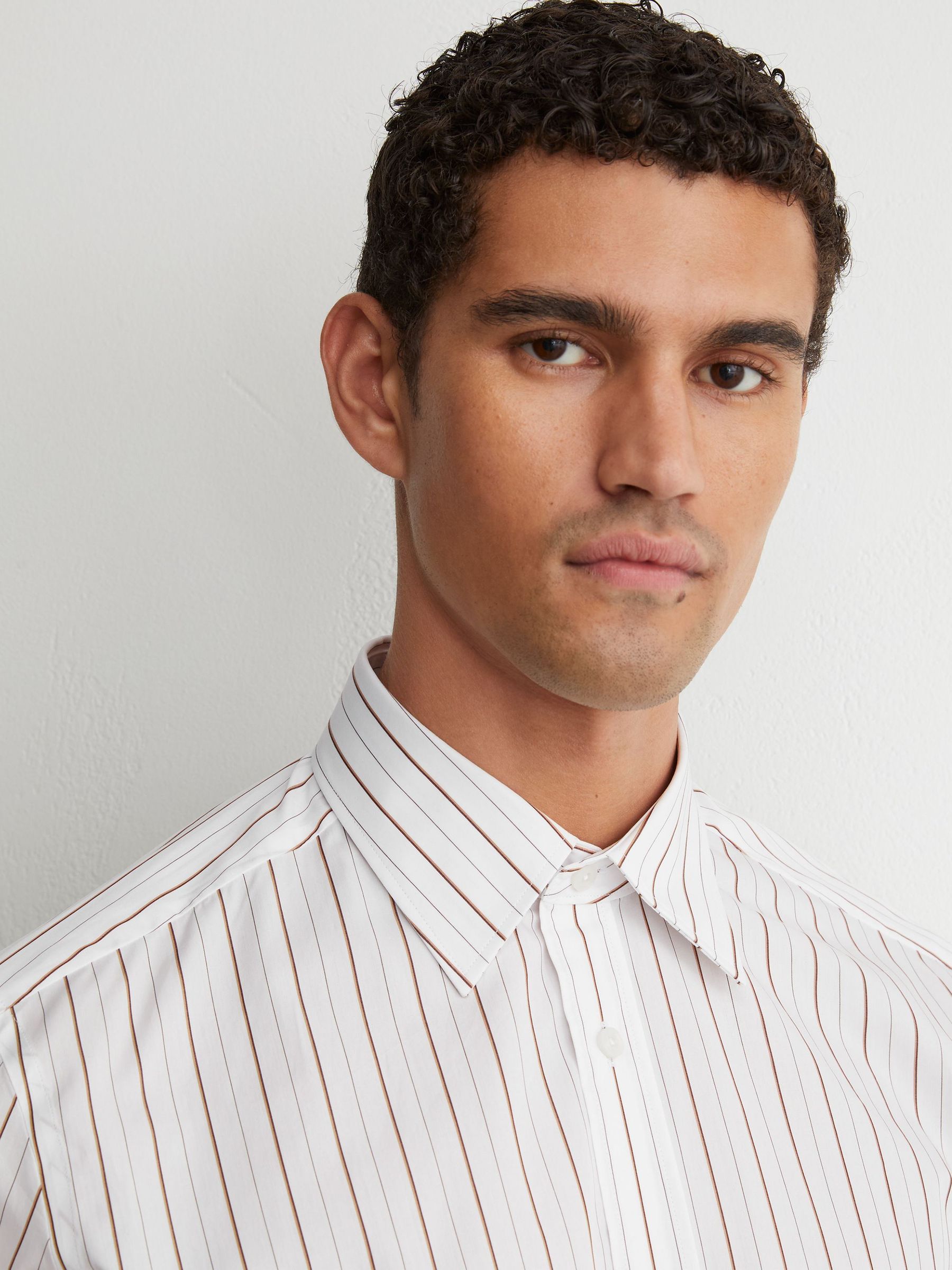 Cotton Pinstripe Spread-Collar Shirt Regular-Fit in White/Brown Stripe - Image 3 of 7