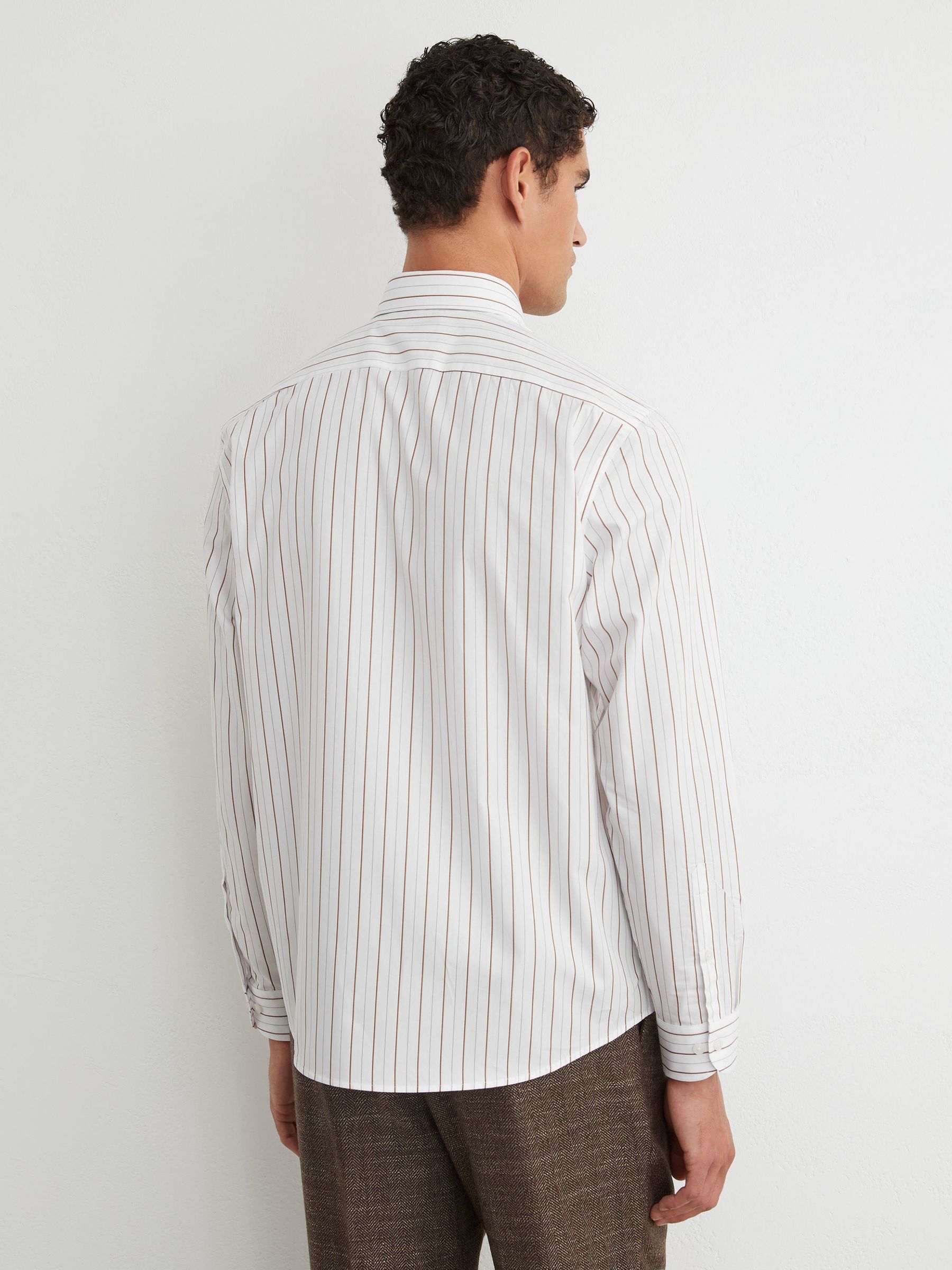 Cotton Pinstripe Spread-Collar Shirt Regular-Fit in White/Brown Stripe - Image 5 of 7