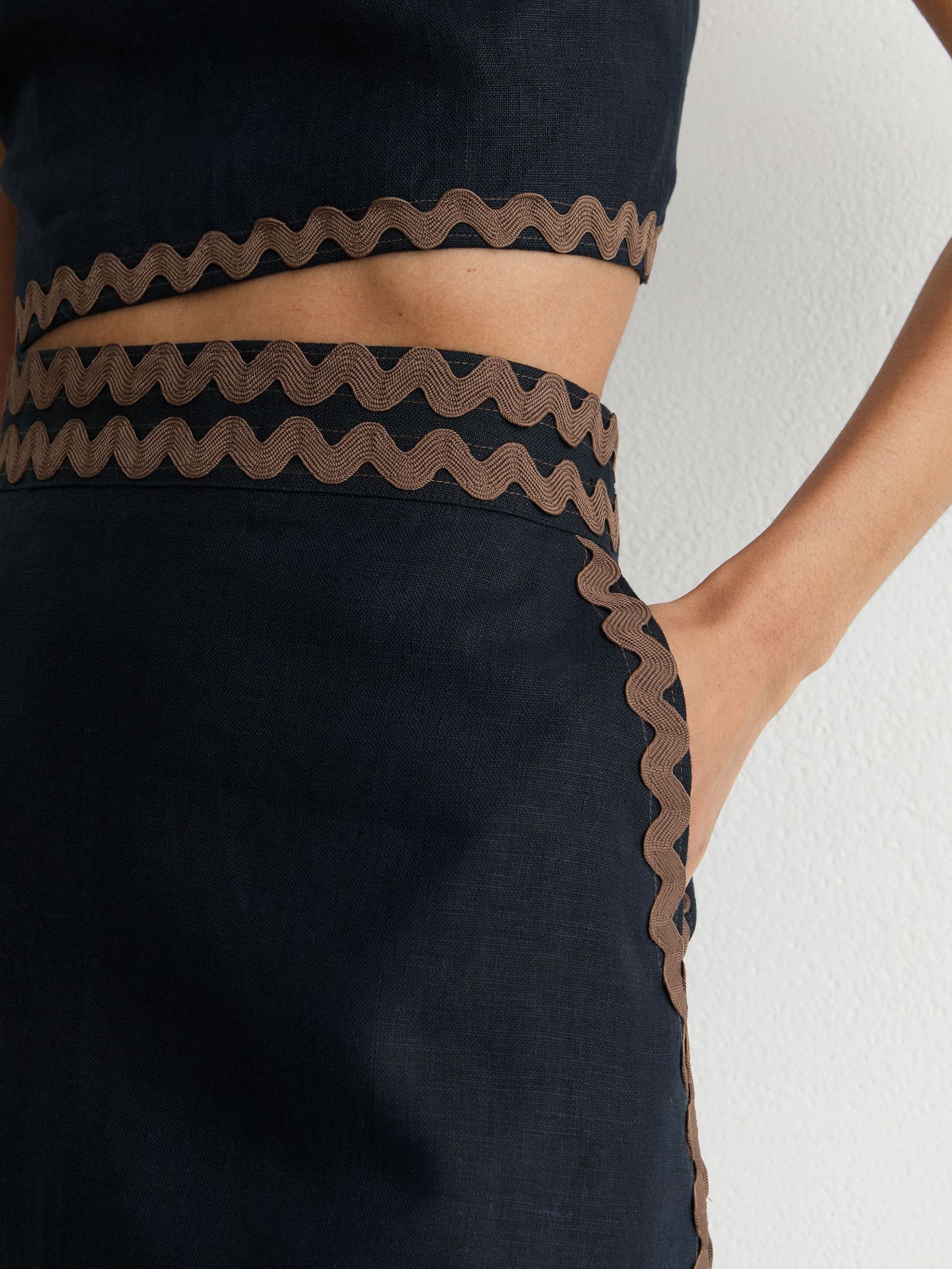 Linen Wave-Trim Mini Skirt in Navy/Brown - Image 6 of 8