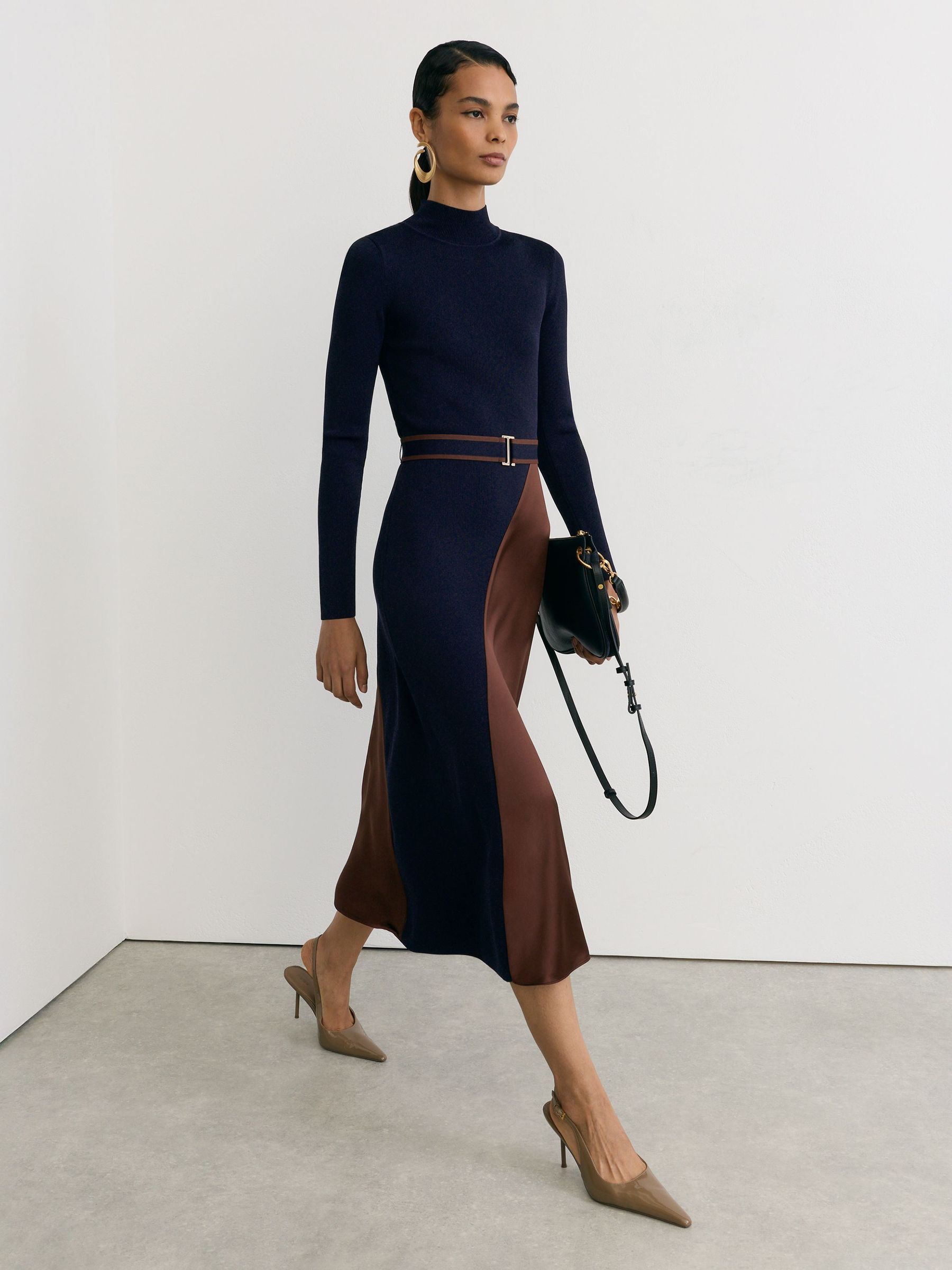 Knitted Satin-Panel Belted Midi Dress in Navy/Camel - Image 1 of 7