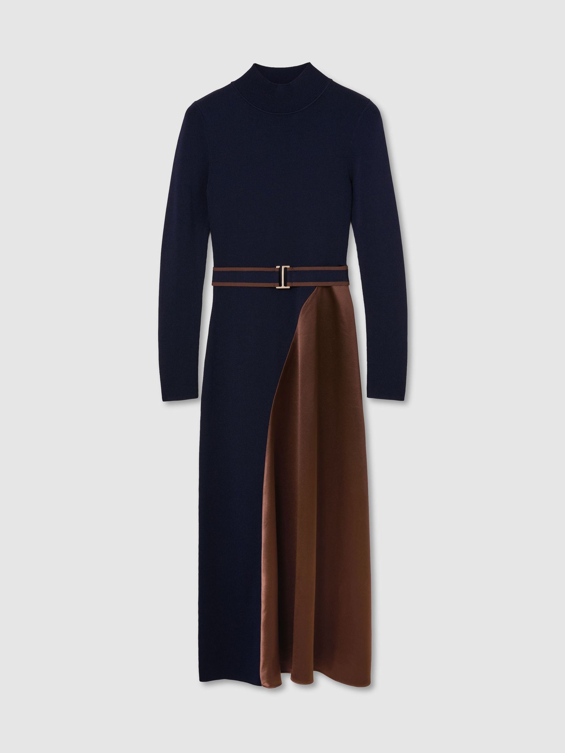 Knitted Satin-Panel Belted Midi Dress in Navy/Camel - Image 2 of 7 Knitted Satin-Panel Belted Midi Dress in Navy/Camel - Image 2 of 7