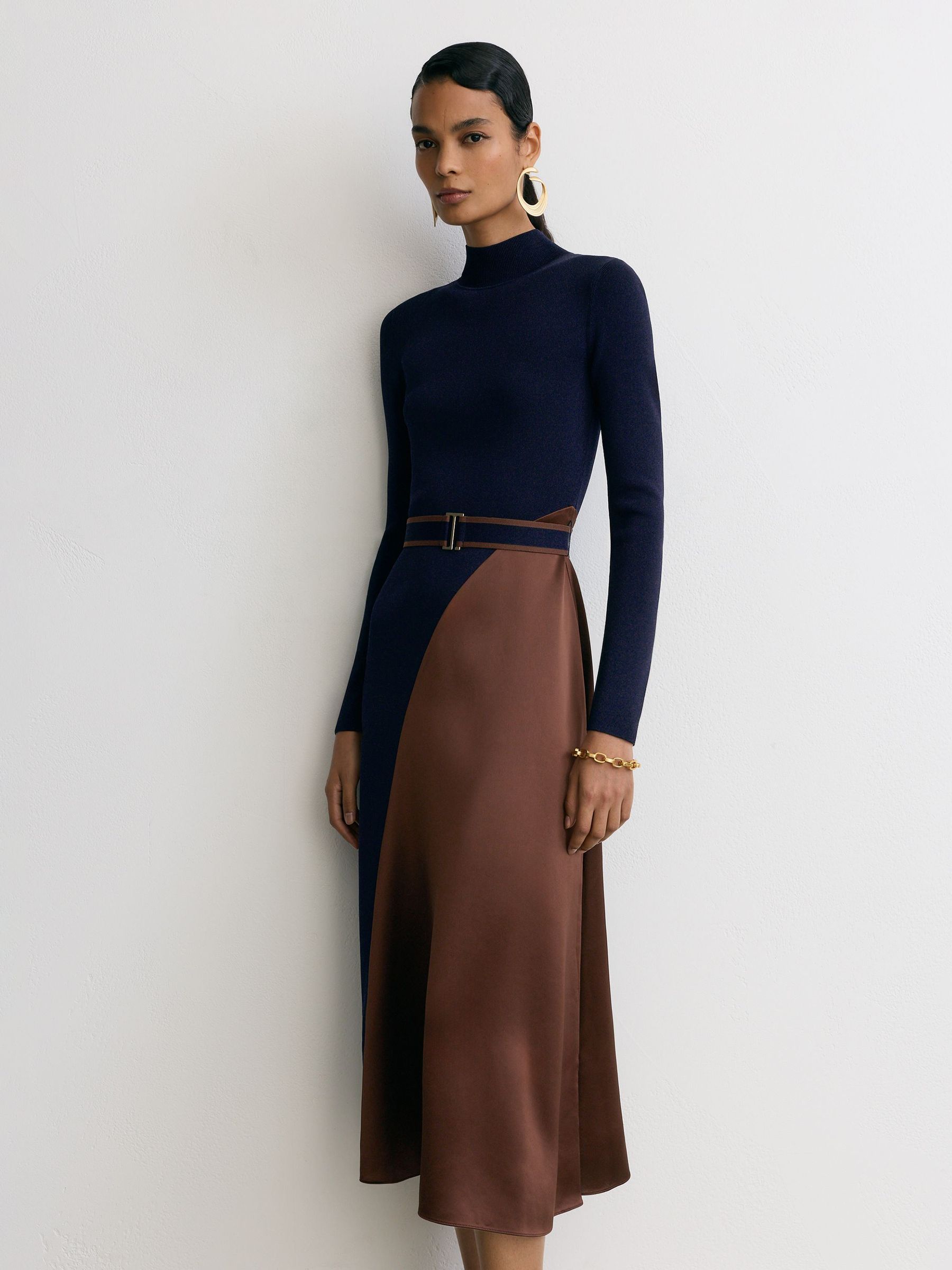 Knitted Satin-Panel Belted Midi Dress in Navy/Camel - Image 3 of 7