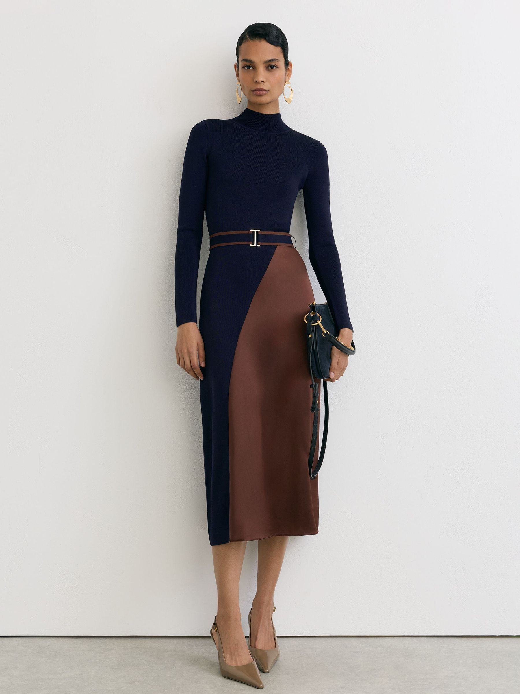 Knitted Satin-Panel Belted Midi Dress in Navy/Camel - Image 5 of 7