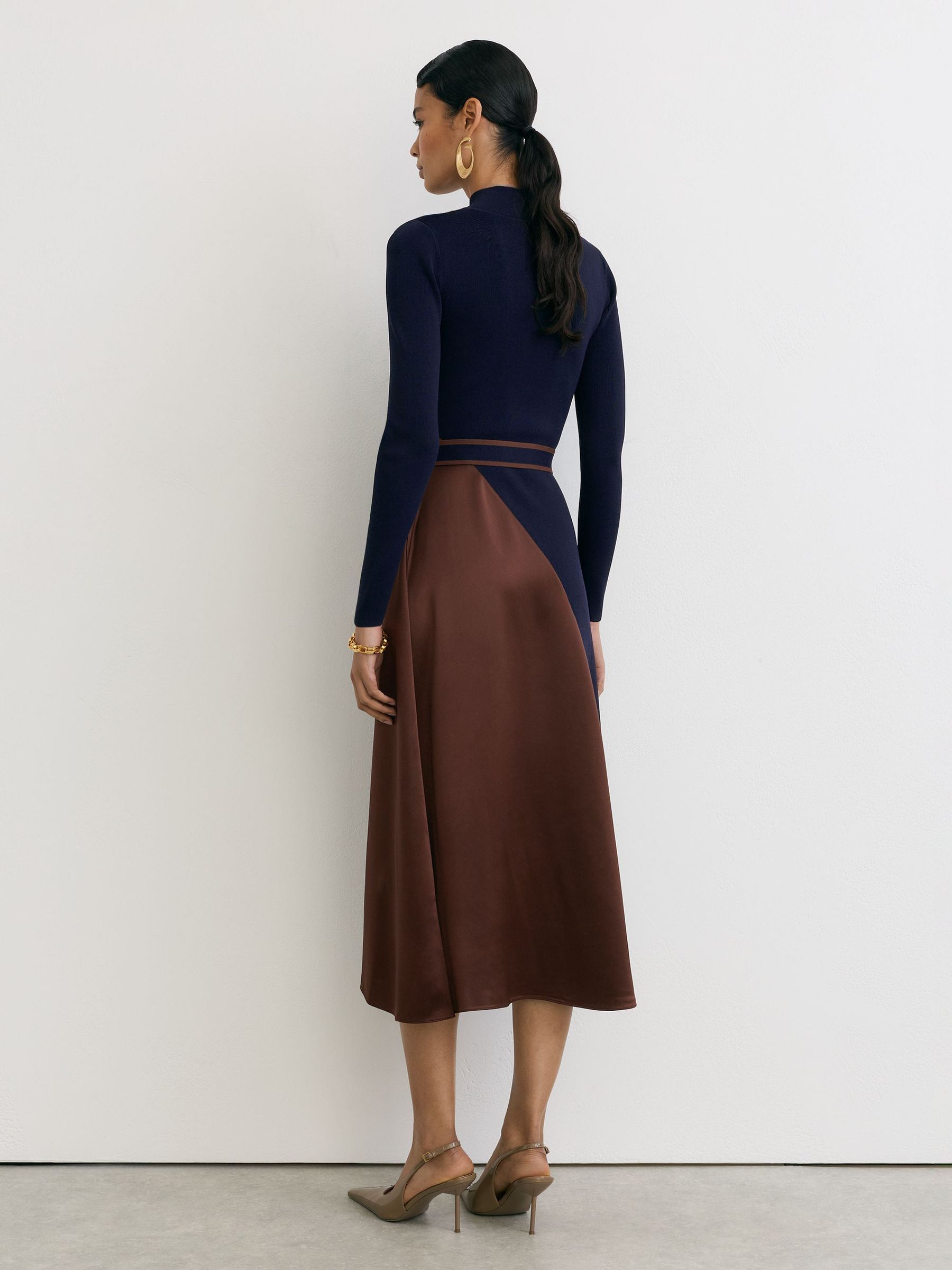 Knitted Satin-Panel Belted Midi Dress in Navy/Camel - Image 6 of 7