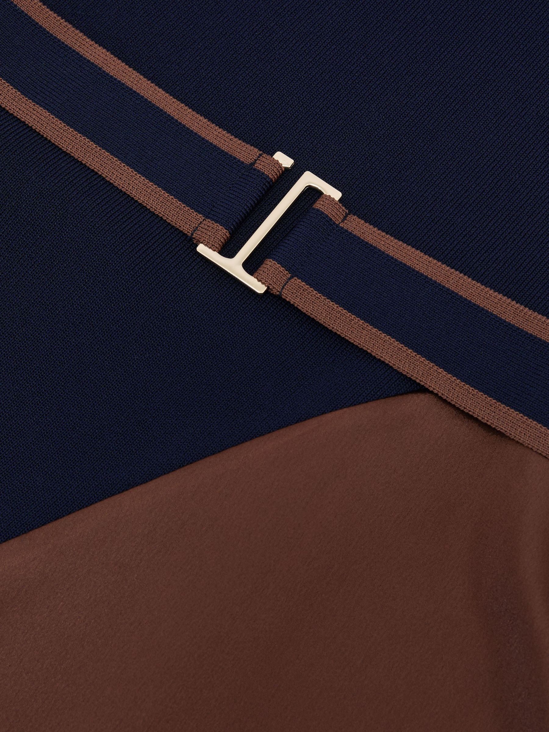 Knitted Satin-Panel Belted Midi Dress in Navy/Camel - Image 7 of 7