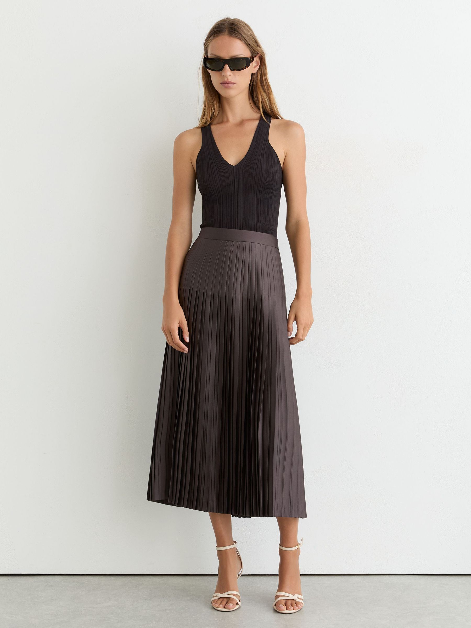 Petite Satin Pleated Midi Skirt in Mauve - Image 4 of 6