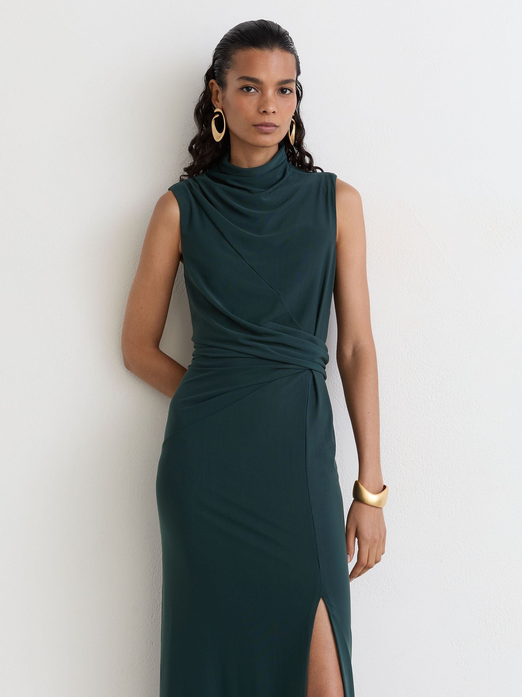 Petite Draped-Detail Sleeveless Maxi Dress in Teal Green - Image 1 of 9