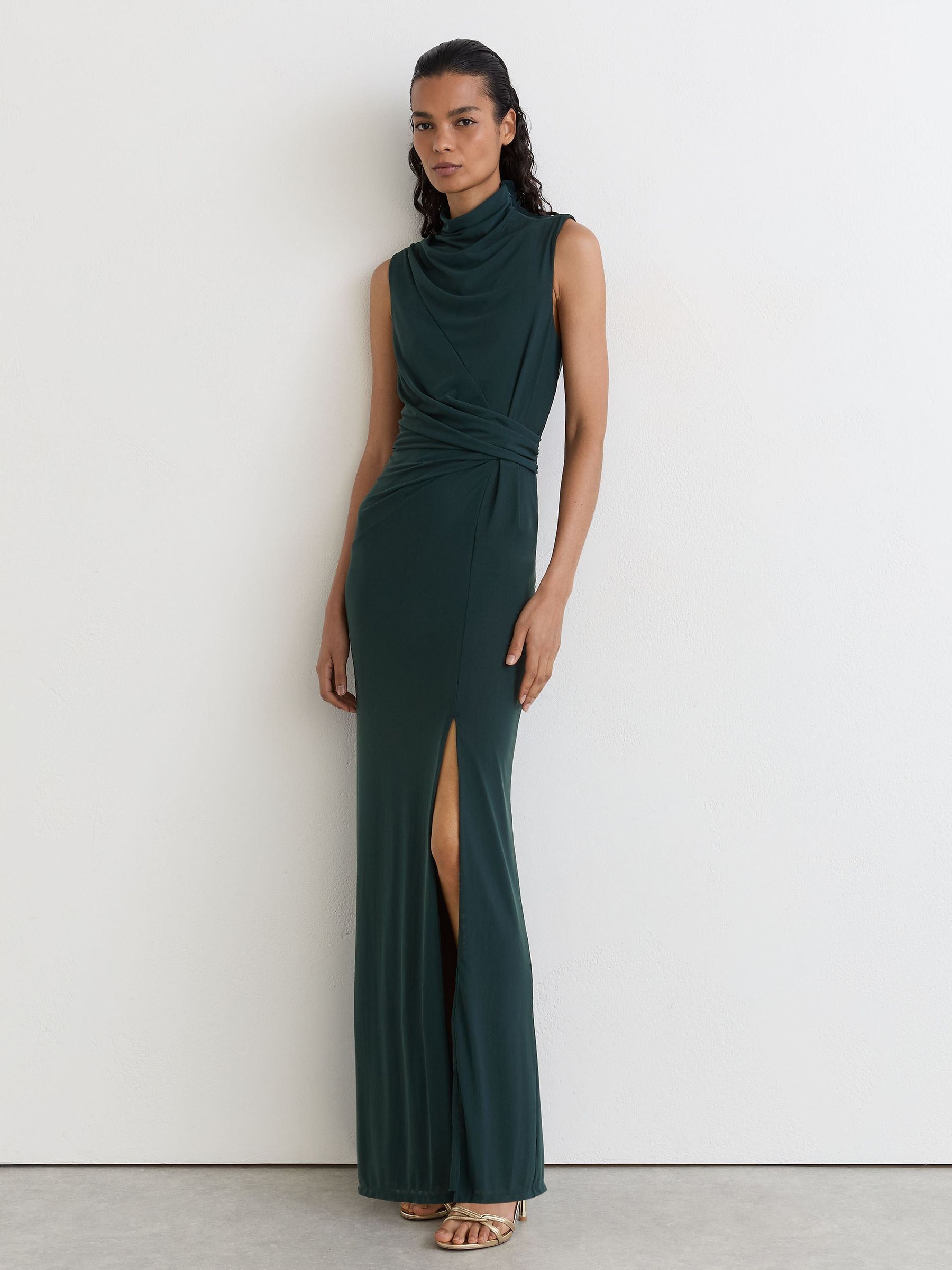 Petite Draped-Detail Sleeveless Maxi Dress in Teal Green - Image 4 of 9