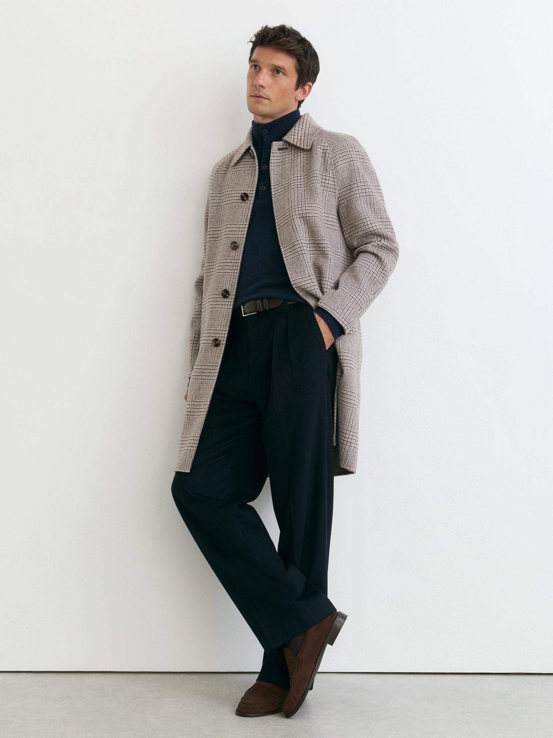 Wool-Blend Check Single-Breasted Overcoat in Stone Check - Image 1 of 9 Wool-Blend Check Single-Breasted Overcoat in Stone Check - Image 1 of 9