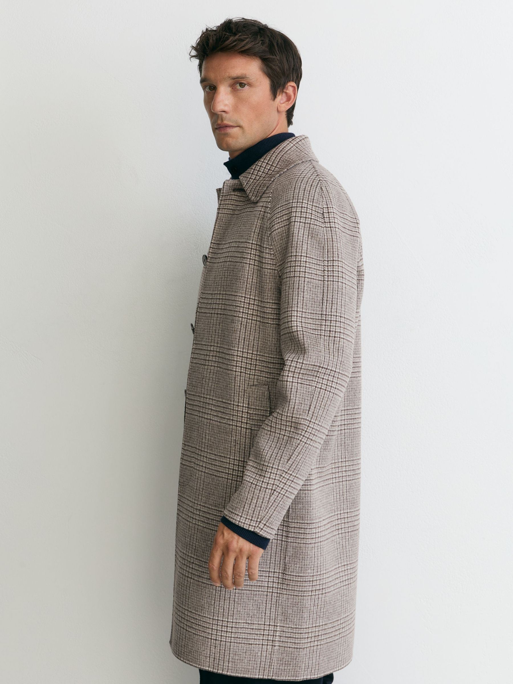 Wool-Blend Check Single-Breasted Overcoat in Stone Check - Image 3 of 9